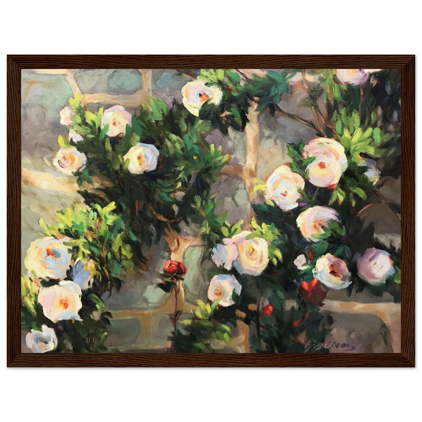 ‘Vining White Roses’ Floral | 12x16 inch Wooden Framed Art Print | Original Artwork by American Artist Barbara Cleary