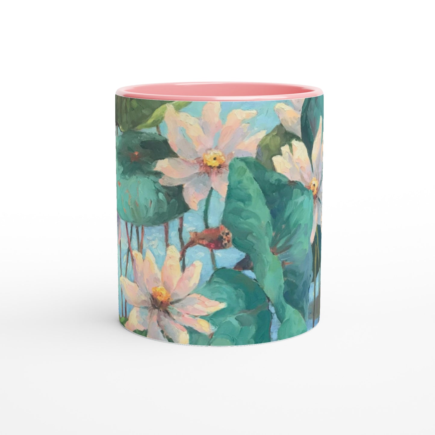 11oz White Ceramic Mug with Color Inside | Coffee Cup with 'Lily Pads' Floral Artwork by American Artist Barbara Cleary