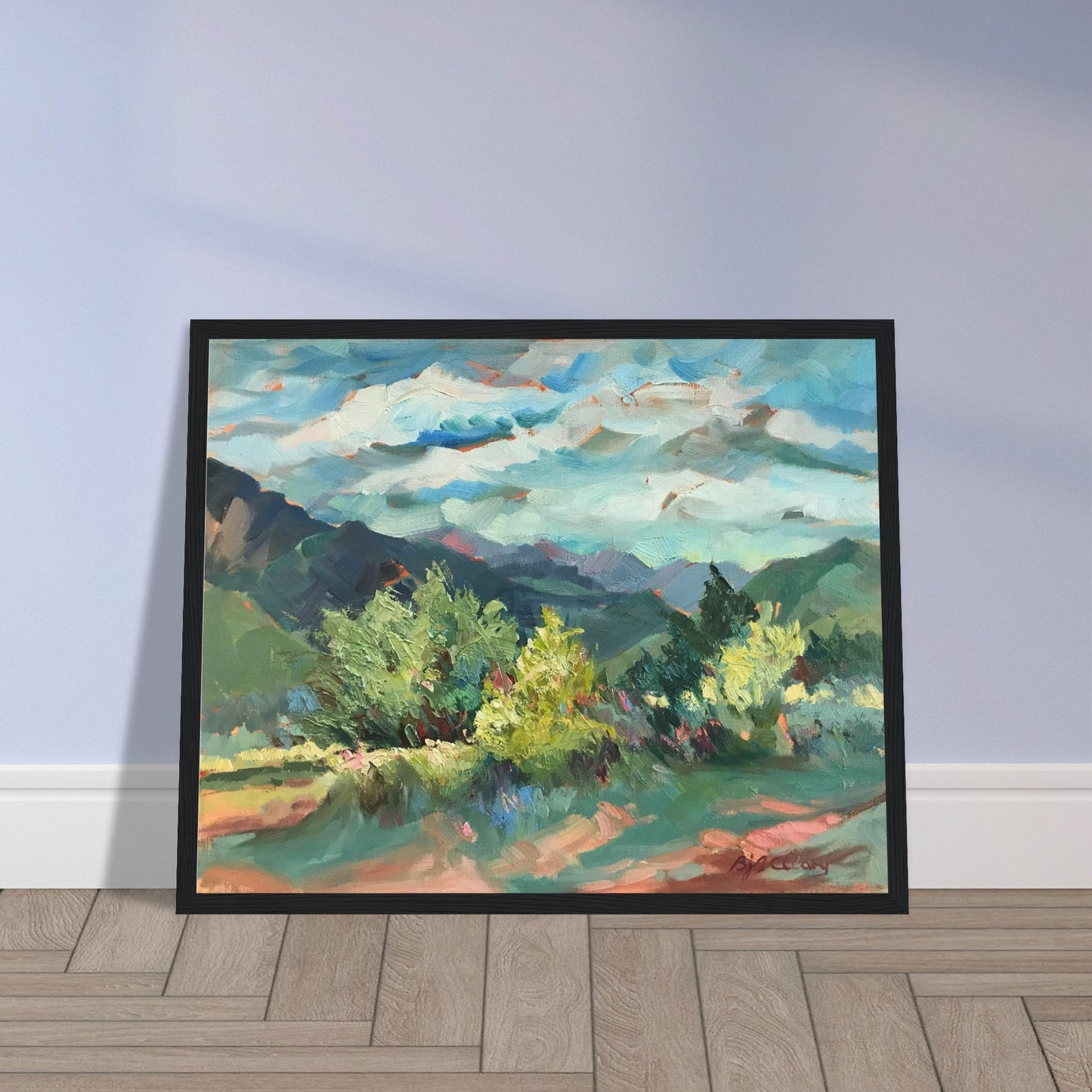 ‘Pueblo Lands Plein Air’ Southwestern Landscape | 16x20 Wooden Framed Art Print | Original Artwork by American Artist Barbara Cleary