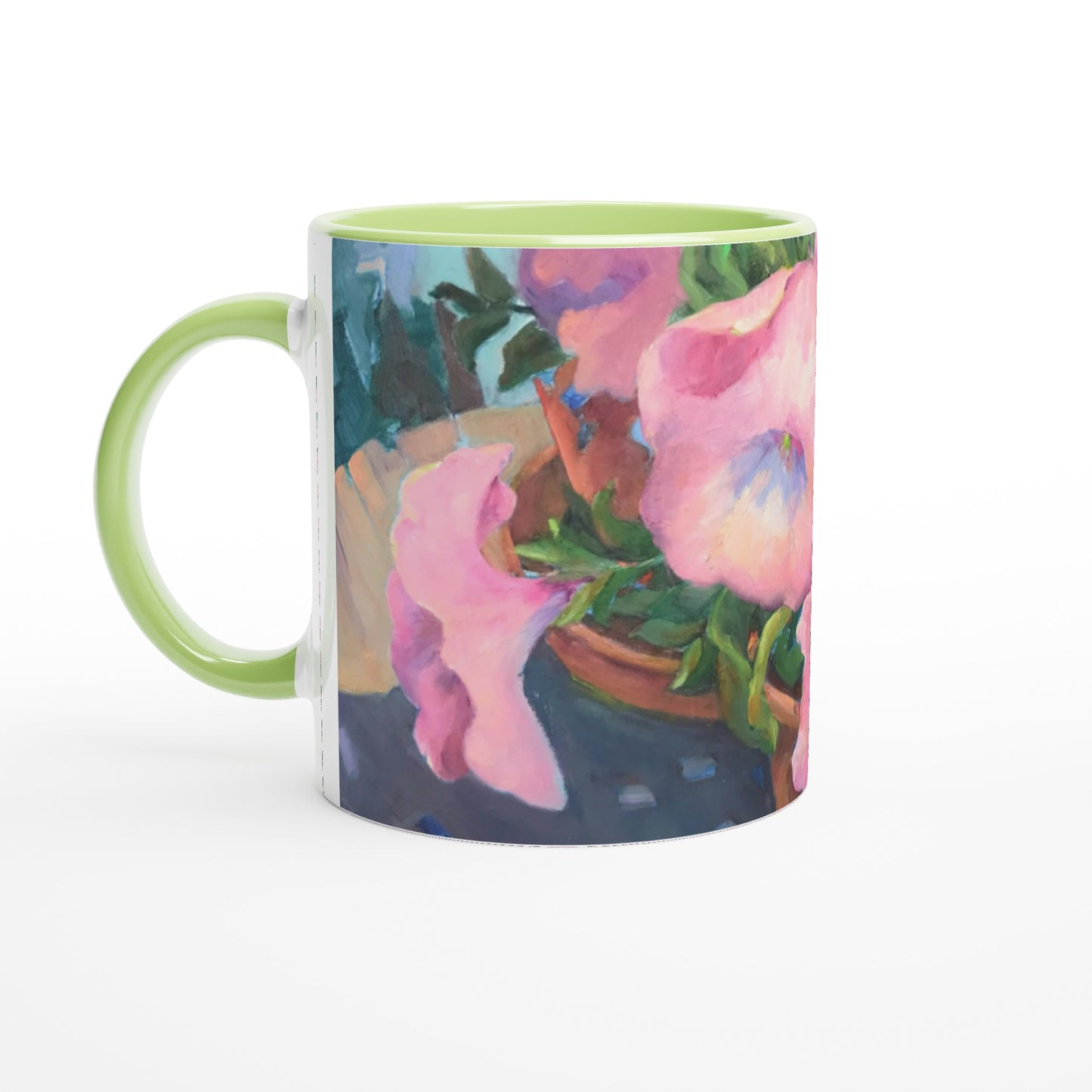 'Pink Petals in Bloom' 11oz White Ceramic Mug with Color Inside | Coffee Cup with 'May's First Born' Floral Artwork by American Artist Barbara Cleary