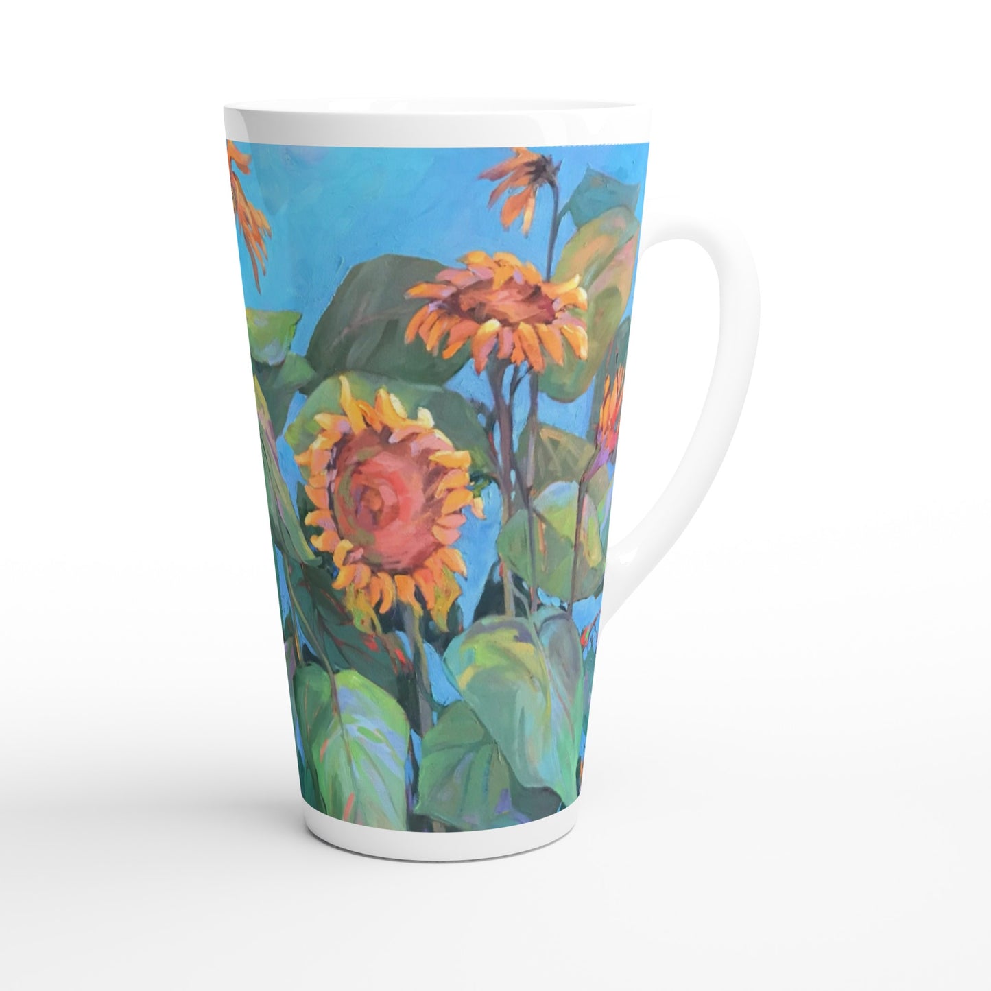 17oz White Ceramic Latte Mug | Coffee Cup with 'Southwinds 2 Sunflowers' Floral Artwork by American Artist Barbara Cleary