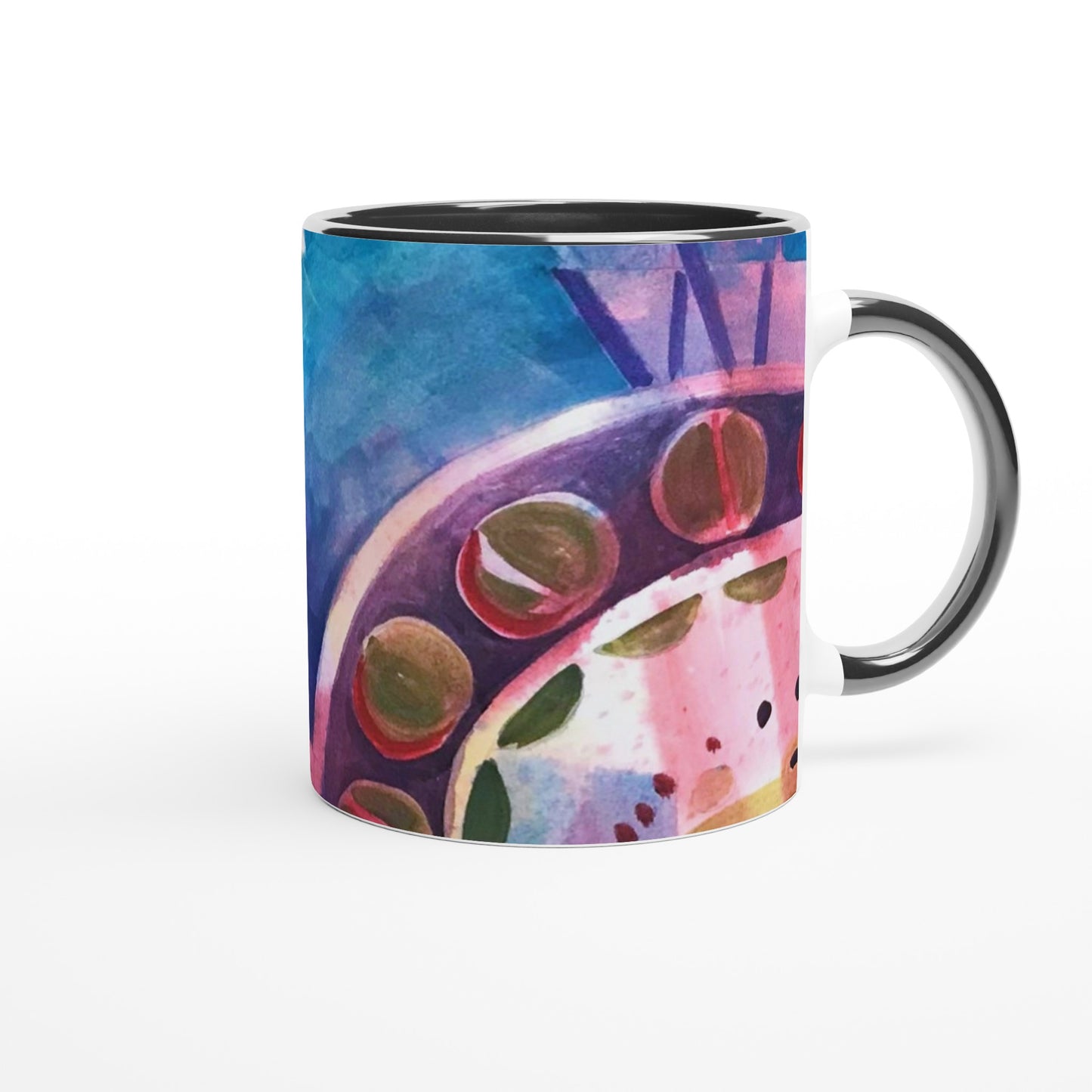 11oz White Ceramic Mug with Color Inside | Coffee Cup with 'Kaleidoscope' Abstract Artwork by American Artist Barbara Cleary