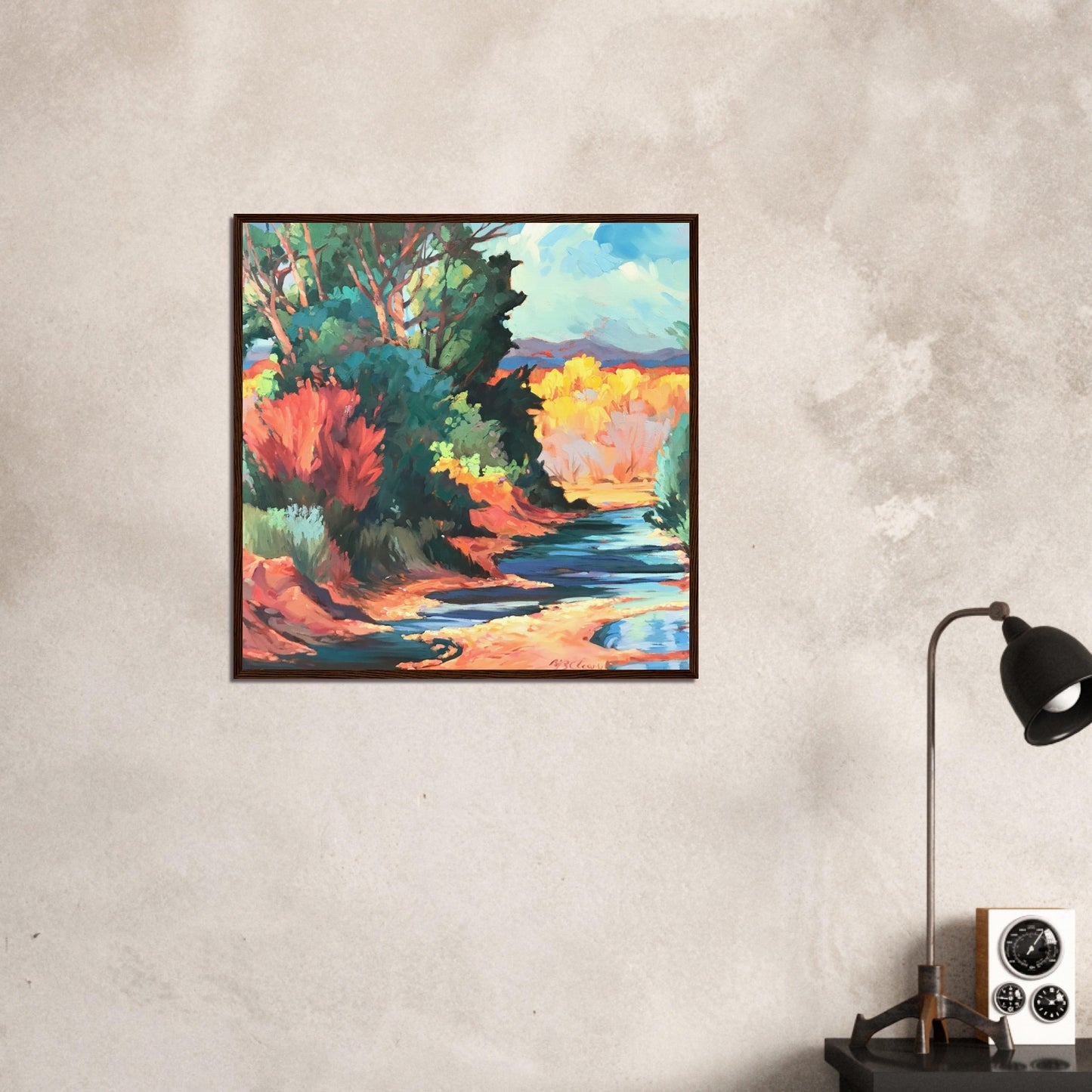 ‘Rio Pueblo’ Landscape | 28x28 Wooden Framed Art Print | Original Artwork by American Artist Barbara Cleary