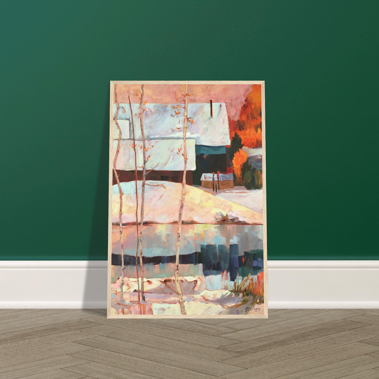 ‘Early Snow’ Winter Landscape | 24x36 Wooden Framed Art Print | Original Artwork by American Artist Barbara Cleary