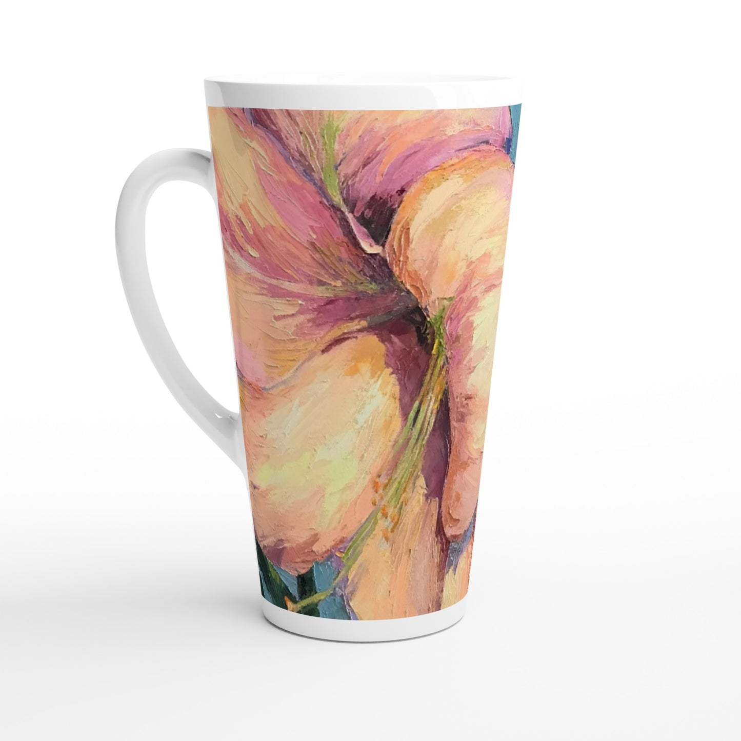 17oz White Ceramic Latte Mug | Coffee Cup with 'Amaryllis 2' Floral Artwork by American Artist Barbara Cleary