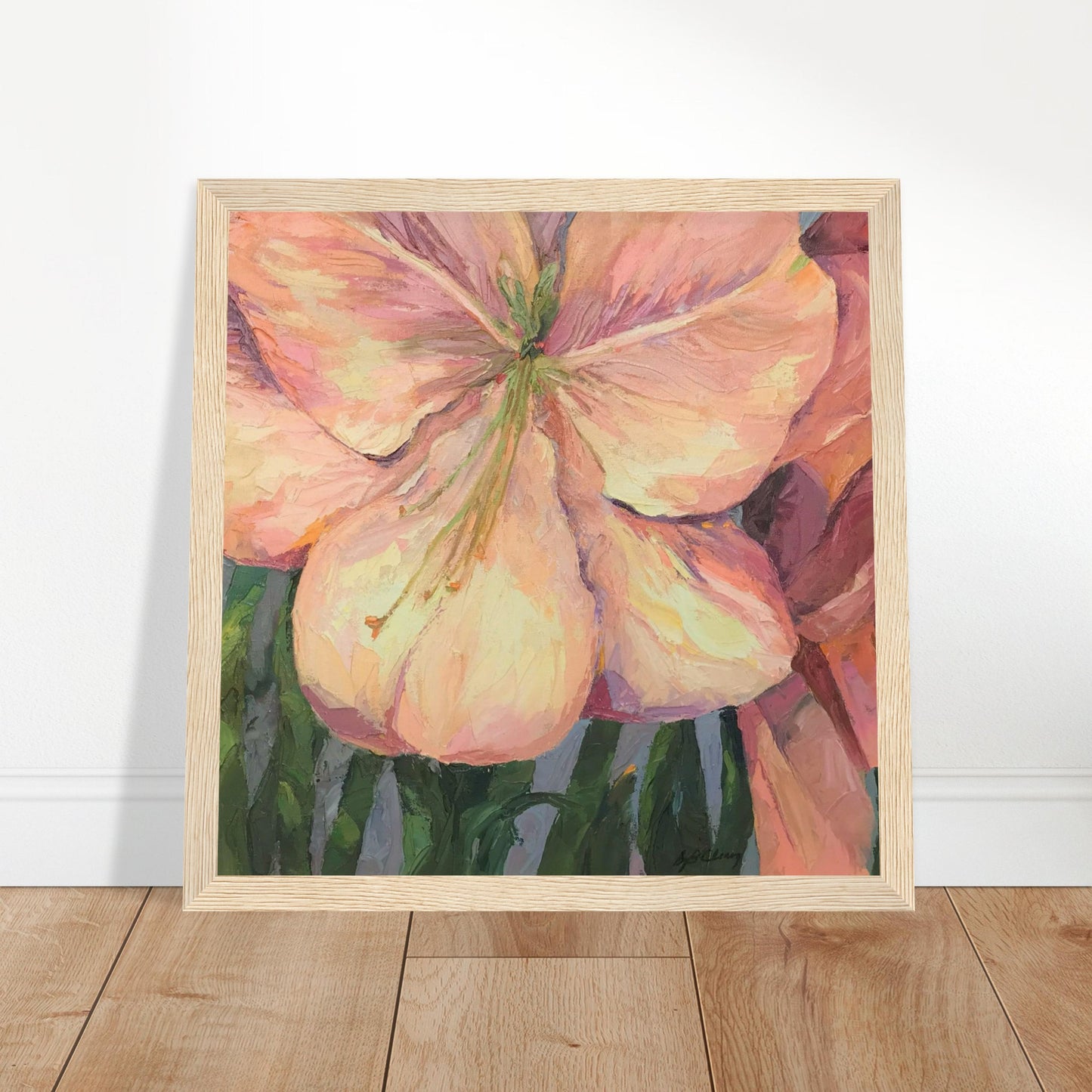 'Pink Amaryllis' Floral | 12x12 inch Wooden Framed Art Print | Original Artwork by American Artist Barbara Cleary