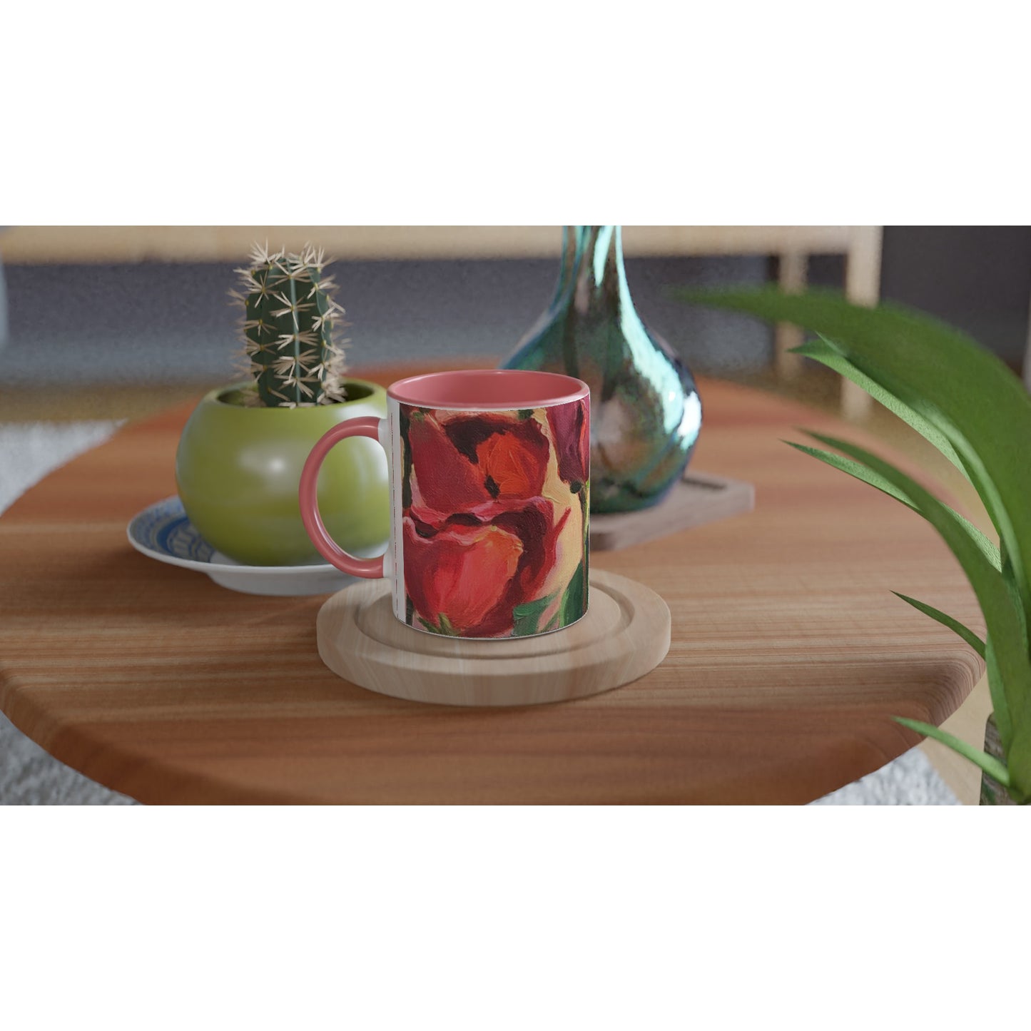 11oz White Ceramic Mug with Color Inside | Coffee Cup with 'Tulips' Floral Artwork by American Artist Barbara Cleary