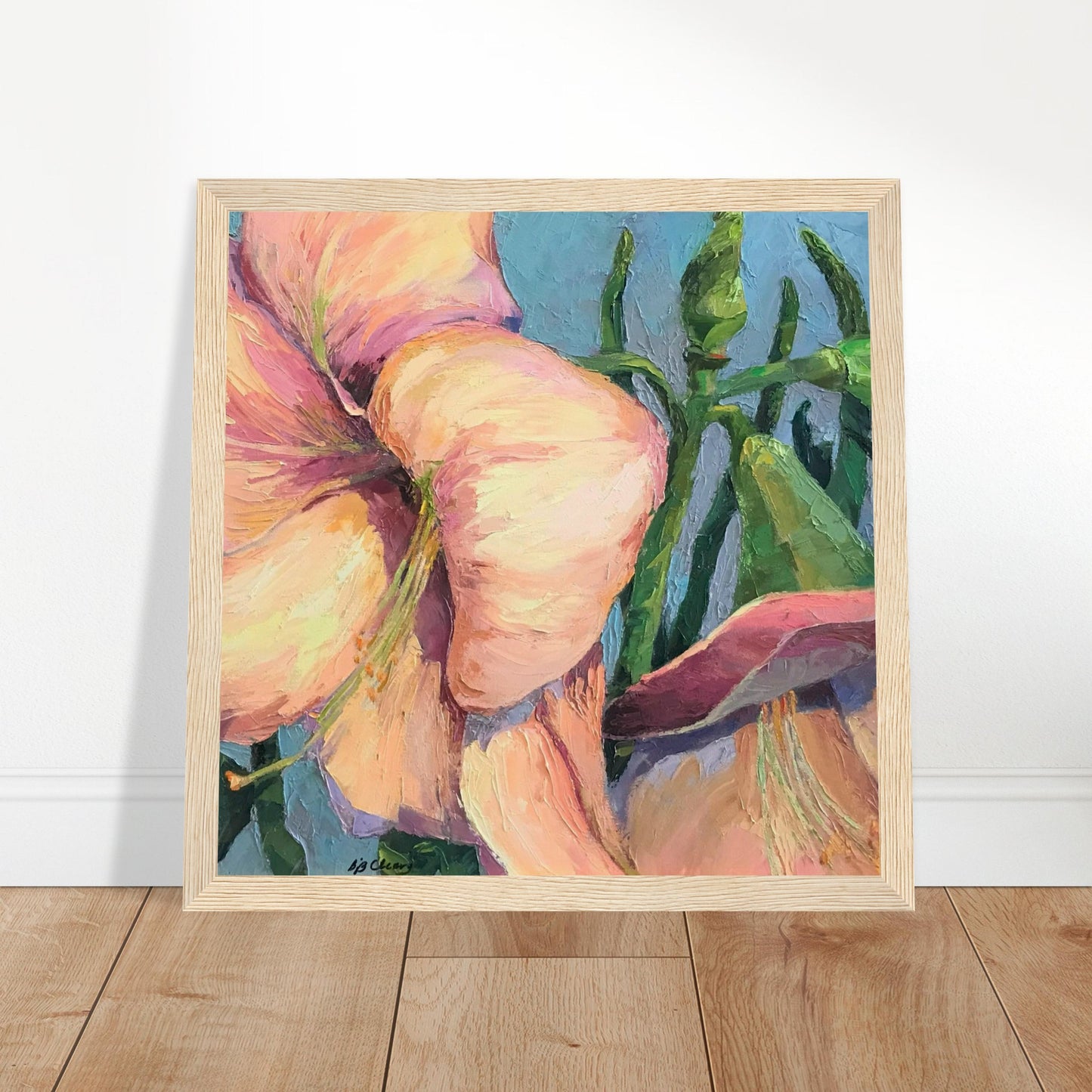 'Pink Amaryllis 2' Floral | 12x12 inch Wooden Framed Art Print | Original Artwork by American Artist Barbara Cleary