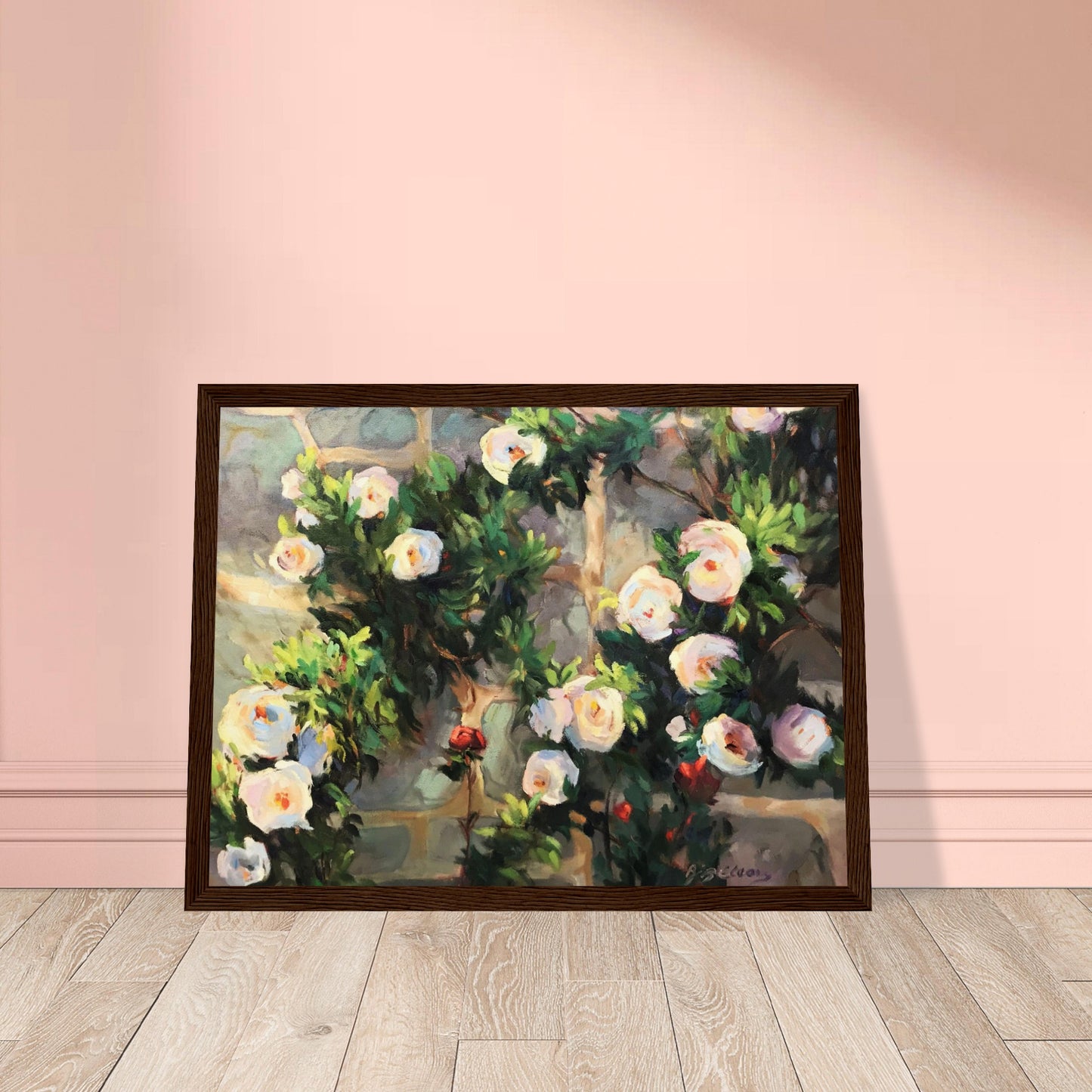 ‘Vining White Roses’ Floral | 12x16 inch Wooden Framed Art Print | Original Artwork by American Artist Barbara Cleary