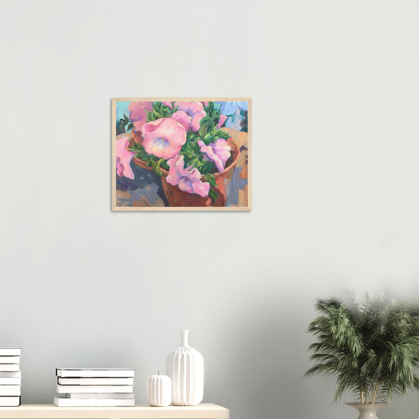 'Pink Petals in Bloom' Floral | 16x20 inch Wooden Framed Art Print | Original Artwork by American Artist Barbara Cleary