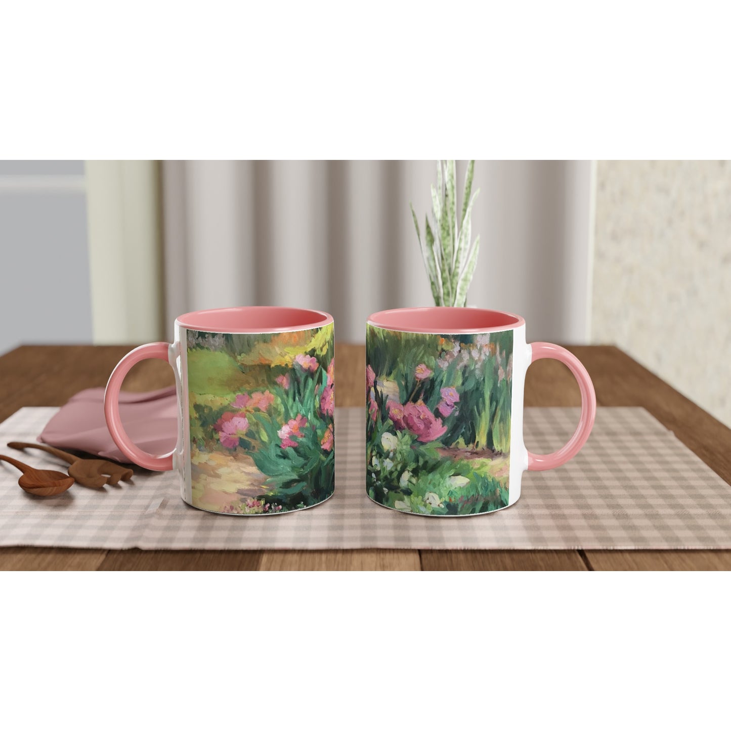 11oz White Ceramic Mug with Color Inside | Coffee Cup with 'Garden Peonies' Floral Artwork by American Artist Barbara Cleary