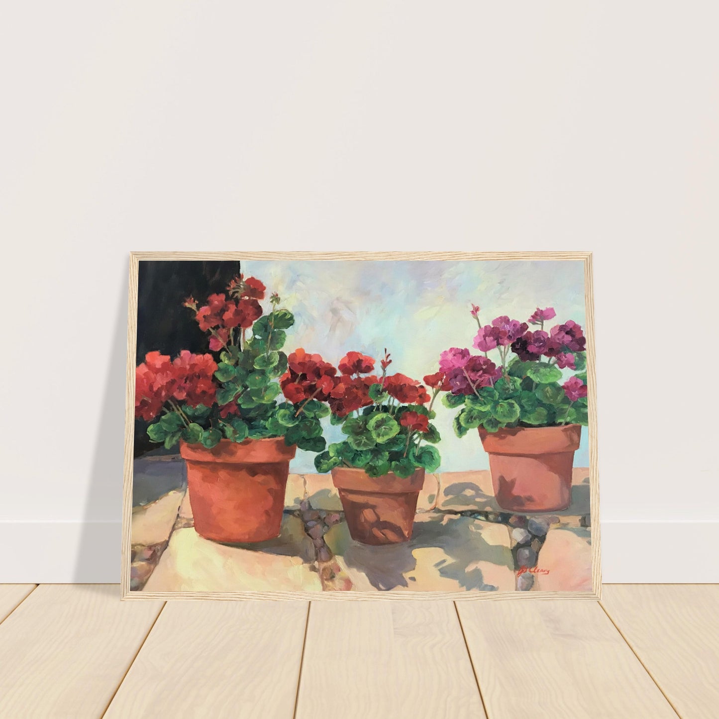 'Potted Red Geraniums Series 1' Red and Pink Floral | 20x28 inch Wooden Framed Art Print | Original Artwork by American Artist Barbara Cleary