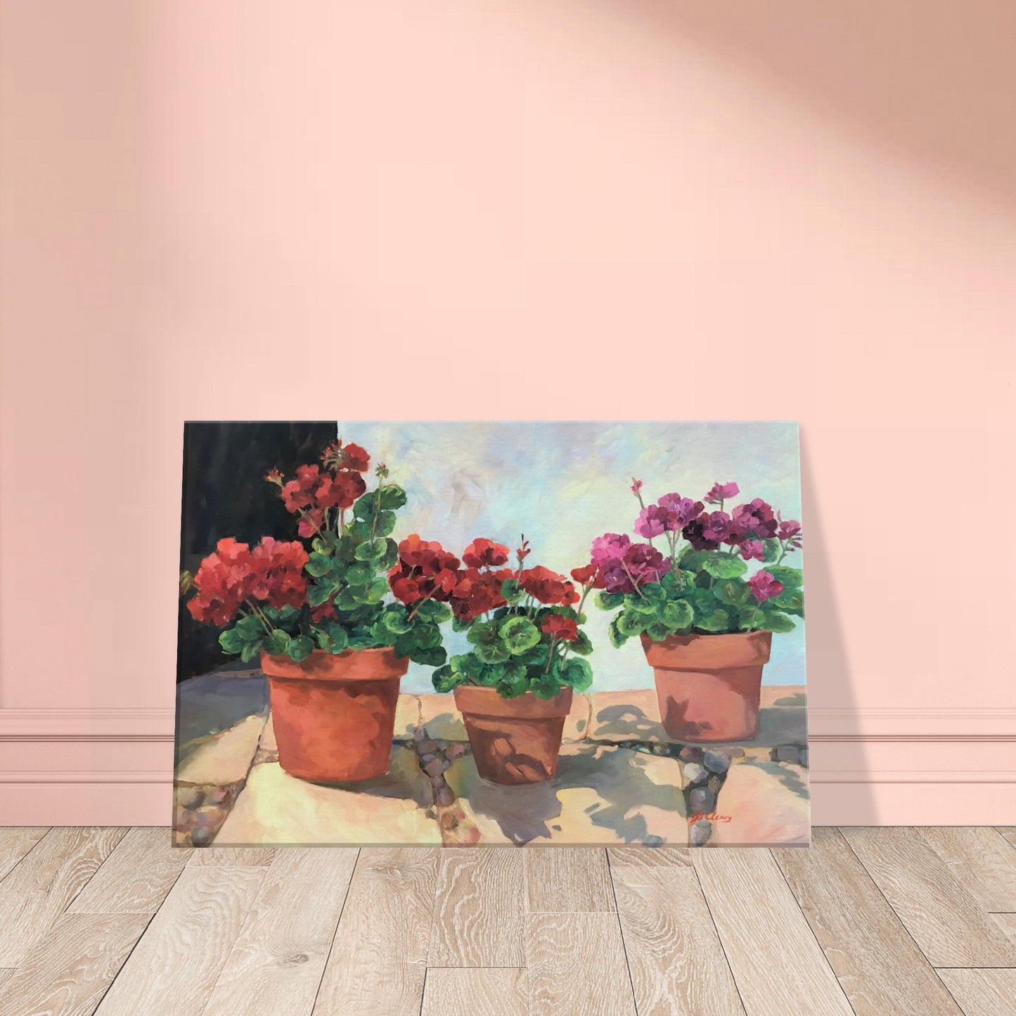 'Potted Red Geraniums Series 1' Floral I 12x18 inch Art Print on Canvas I Original Artwork by American Artist Barbara Cleary