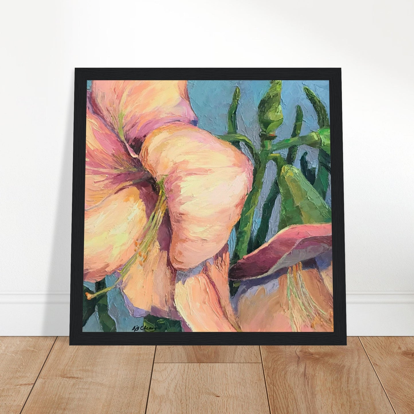 'Pink Amaryllis 2' Floral | 12x12 inch Wooden Framed Art Print | Original Artwork by American Artist Barbara Cleary
