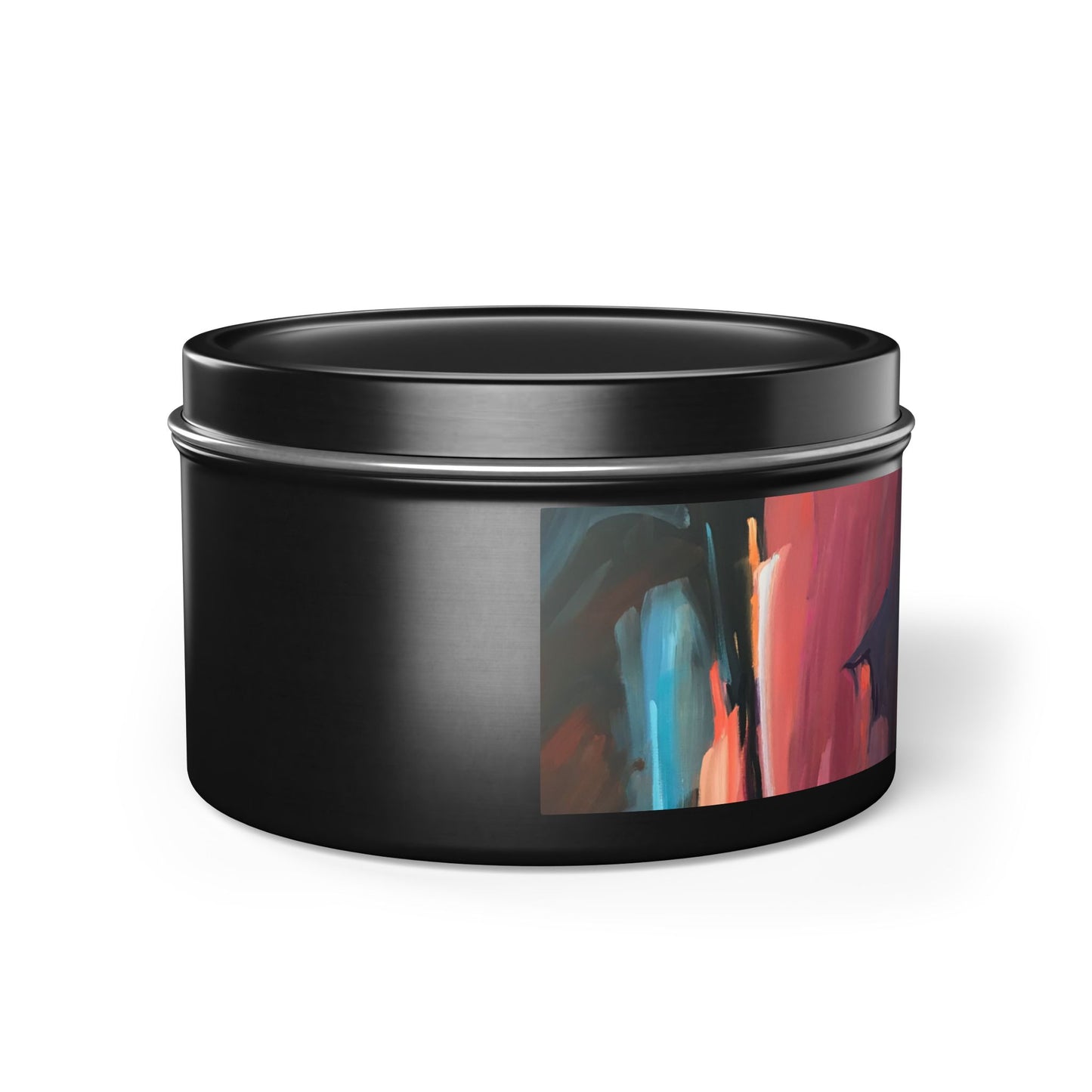 8oz Eco-Friendly Scented or Unscented Soy Wax Tin Candle with 'Colorscape' Abstract Artwork by American Artist Barbara Cleary