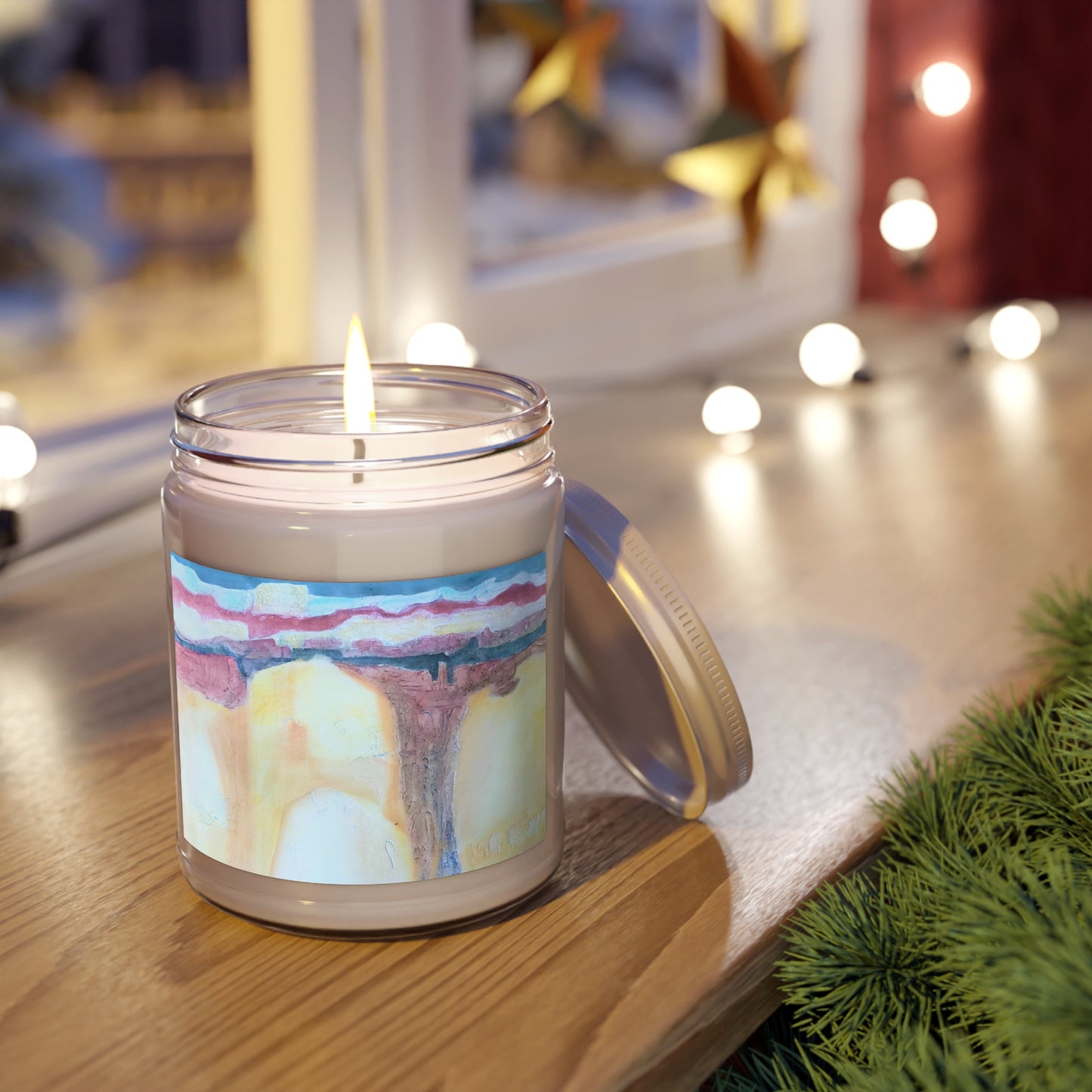 9oz Eco-Friendly Scented or Unscented Soy Wax Candle Jar with 'Southwest Mixed Media' Abstract Artwork by American Artist Barbara Cleary