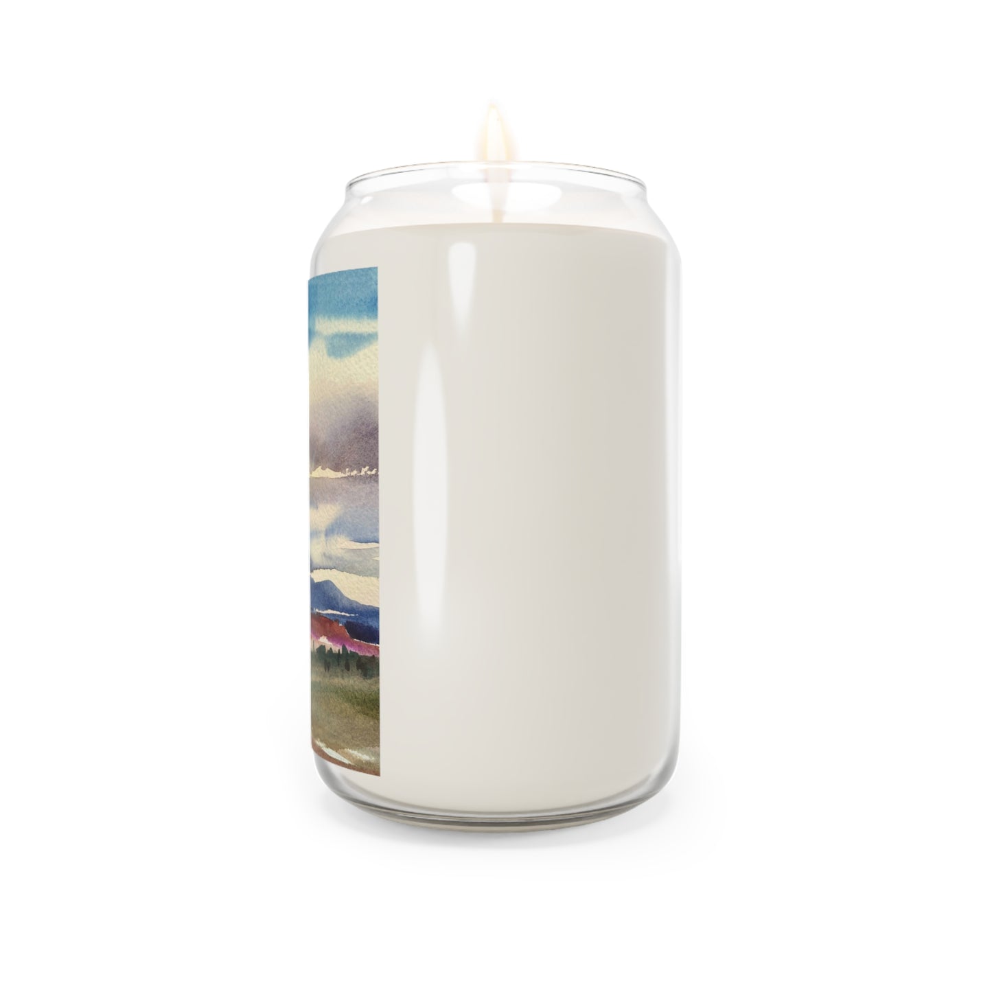 13.75oz Eco-Friendly Scented or Unscented Soy Wax Candle Jar with 'Tranquil Mountain View 1' Landscape Watercolor Artwork by American Artist Barbara Cleary