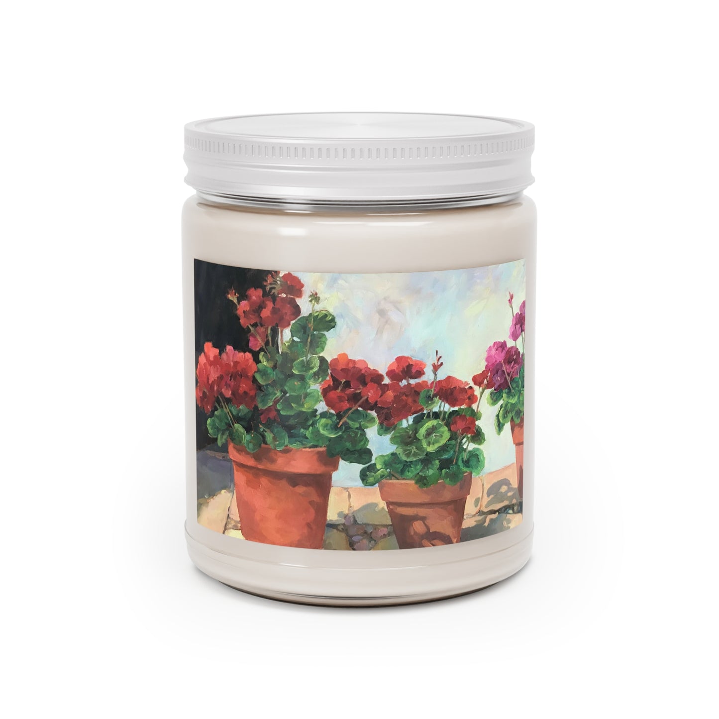 9oz Eco-Friendly Scented or Unscented Soy Wax Candle Jar with 'Potted Red Geraniums Series 1' Floral Artwork by American Artist Barbara Cleary