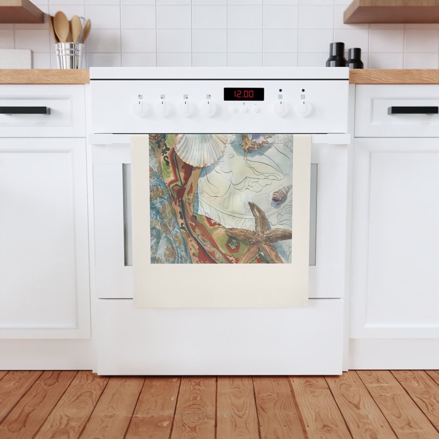 'Shells' Watercolor Organic Cotton Tea Towel I Original Artwork by American Artist Barbara Cleary | Barbara Cleary Designs