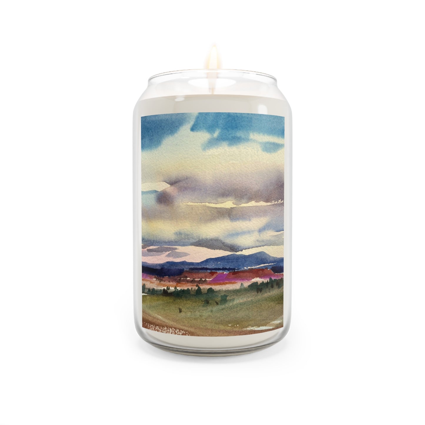 13.75oz Eco-Friendly Scented or Unscented Soy Wax Candle Jar with 'Tranquil Mountain View 1' Landscape Watercolor Artwork by American Artist Barbara Cleary