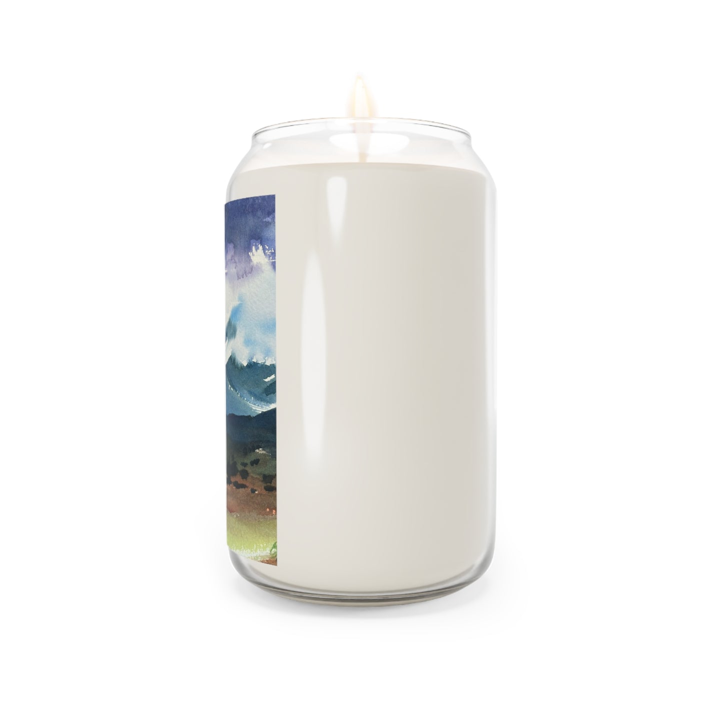 13.75oz Eco-Friendly Scented or Unscented Soy Wax Candle Jar with 'Tranquil Mountain View 3' Landscape Watercolor Artwork by American Artist Barbara Cleary