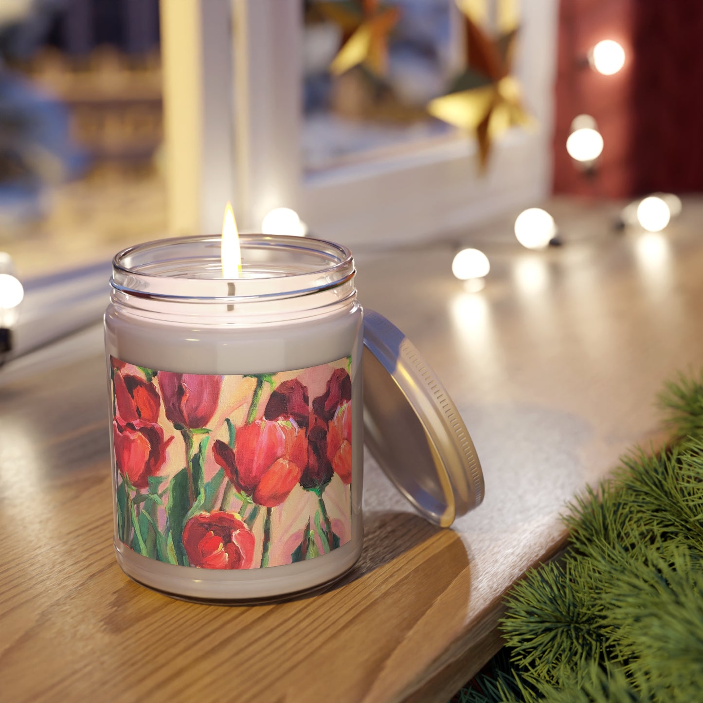 9oz Eco-Friendly Scented or Unscented Soy Wax Candle Jar with 'Tulips' Floral Artwork by American Artist Barbara Cleary