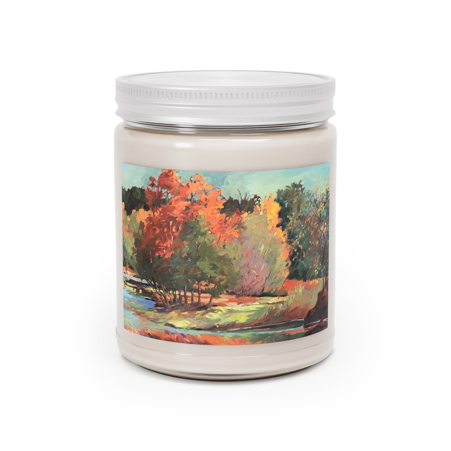 9oz Eco-Friendly Scented or Unscented Soy Wax Candle Jar with 'Fall River' Artwork by American Artist Barbara Cleary (Fall Collection)