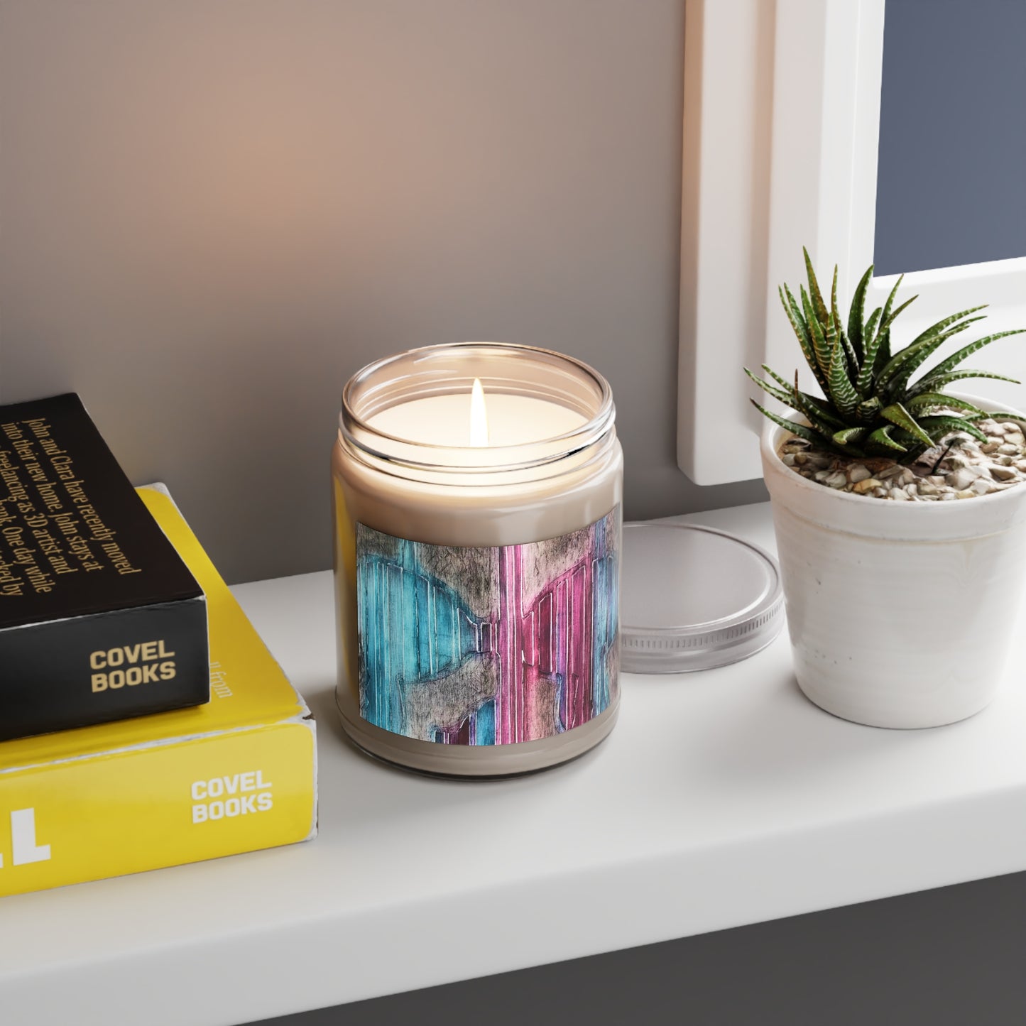 9oz Eco-Friendly Scented or Unscented Soy Wax Candle Jar with 'Crow's Blanket' Abstract Artwork by American Artist Barbara Cleary