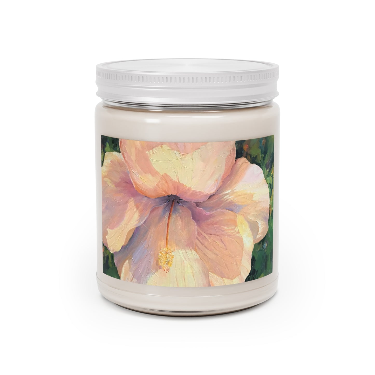 9oz Eco-Friendly Scented or Unscented Soy Wax Candle Jar with 'Hibiscus' Floral Artwork by American Artist Barbara Cleary