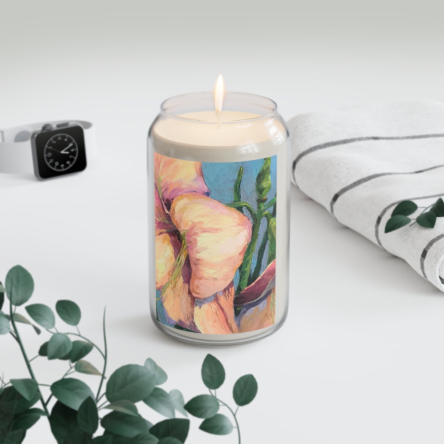 13.75oz Eco-Friendly Scented or Unscented Soy Wax Candle Jar with 'Amaryllis 2' Floral Artwork by American Artist Barbara Cleary