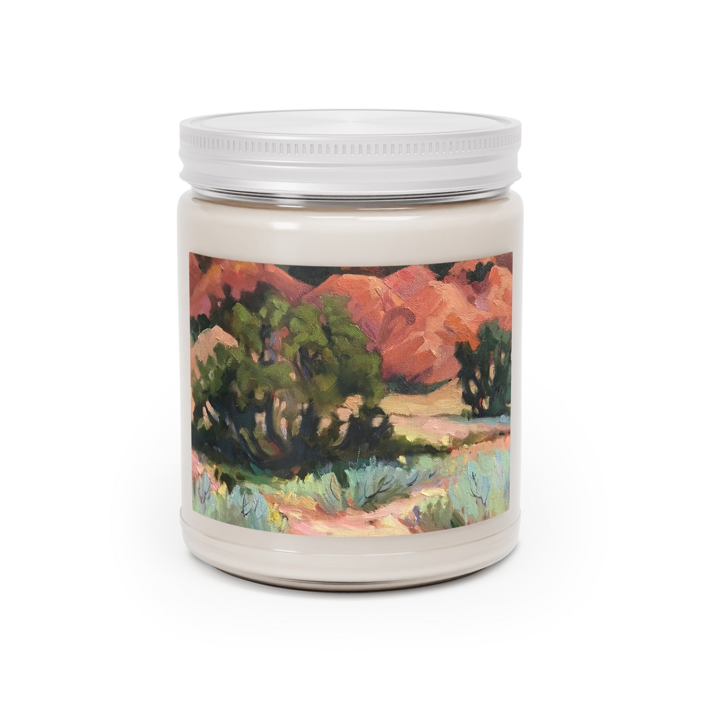 9oz Eco-Friendly Scented or Unscented Soy Wax Candle Jar with 'Mesa at Ghost Ranch' Southwestern Artwork by American Artist Barbara Cleary