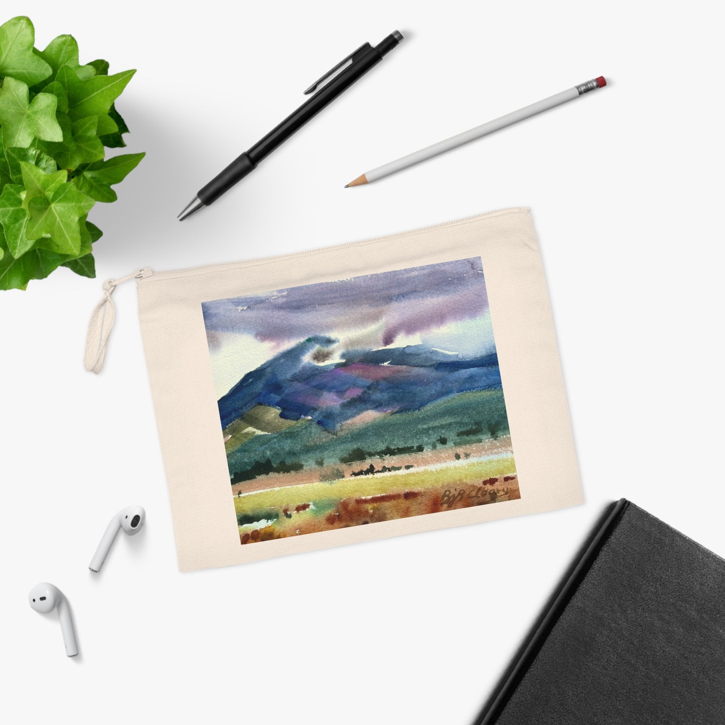 Eco-Friendly Pouch with 'Tranquil Mountain View 2' I Original Artwork by American Artist Barbara Cleary