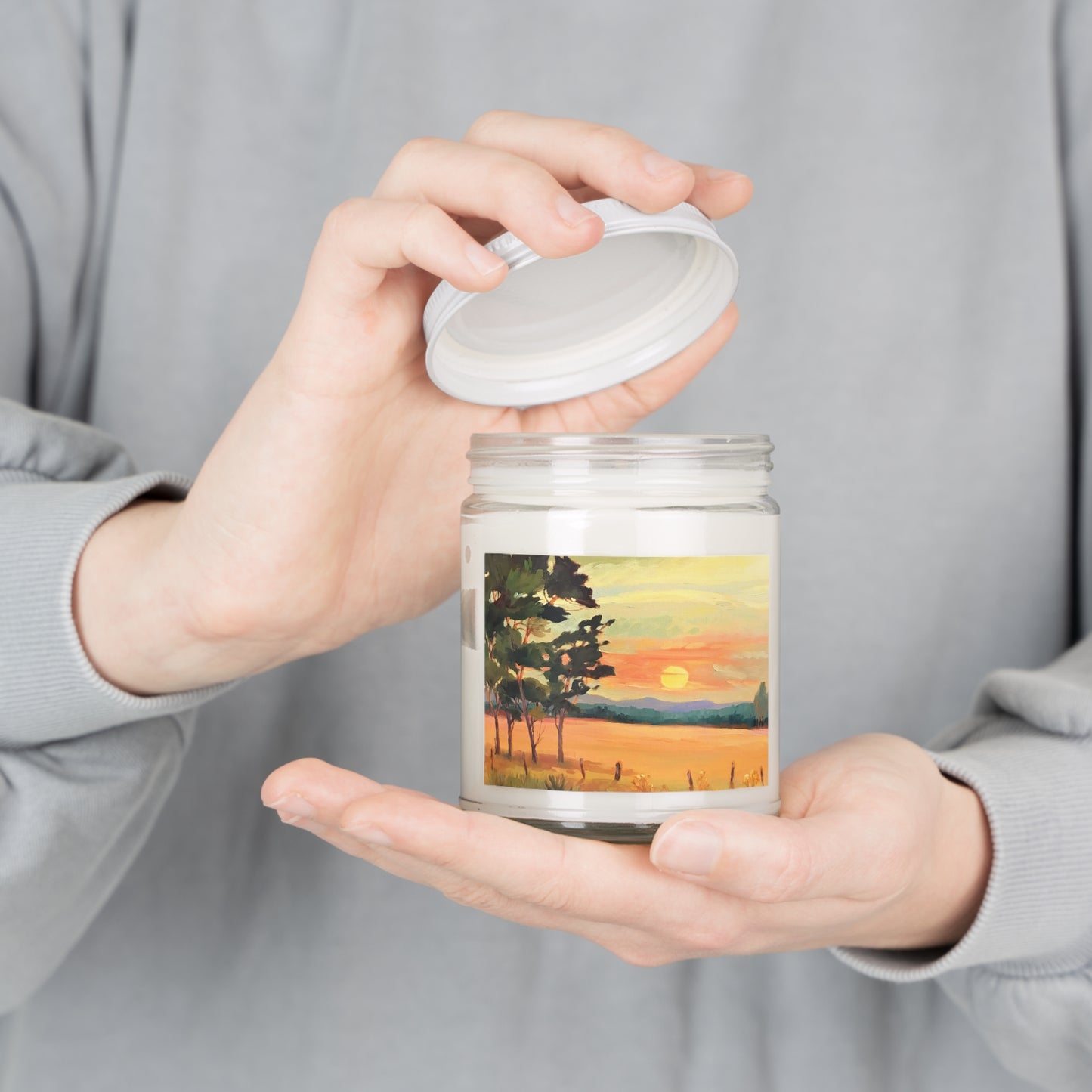 9oz Eco-Friendly Scented or Unscented Soy Wax Candle Jar with 'Sunsrise' Landscape Artwork by American Artist Barbara Cleary