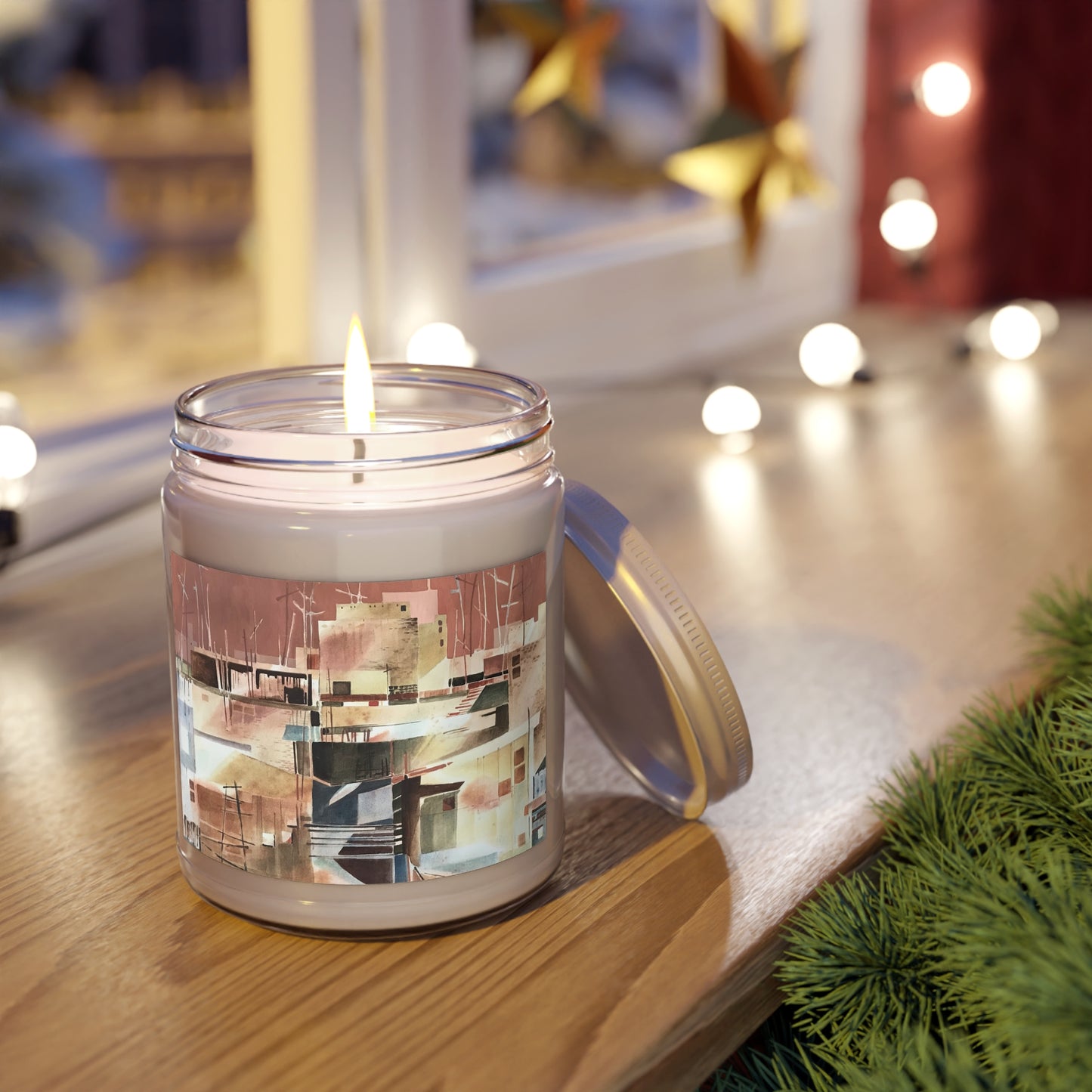 9oz Eco-Friendly Scented or Unscented Soy Wax Candle Jar with 'Abstract Pueblo' Abstract Artwork by American Artist Barbara Cleary
