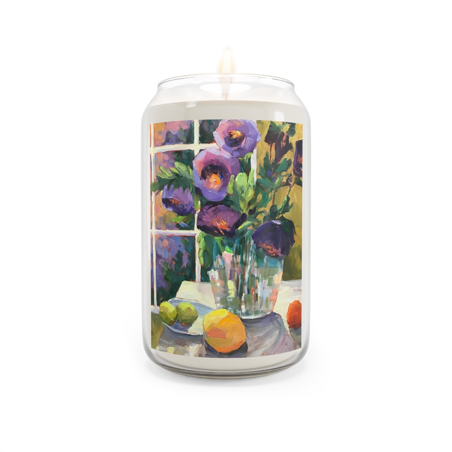 13.75oz Eco-Friendly Scented or Unscented Soy Wax Candle Jar with 'Purple Flowers' Floral Artwork by American Artist Barbara Cleary