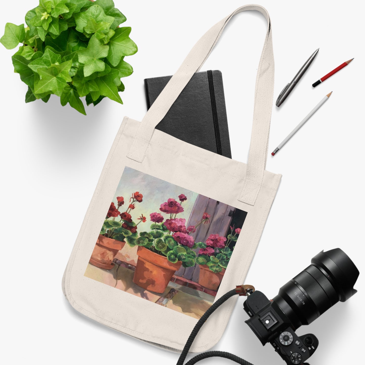 Organic Canvas Tote Bag with 'Potted Red Geraniums 2' Floral I Original Artwork by American Artist Barbara Cleary