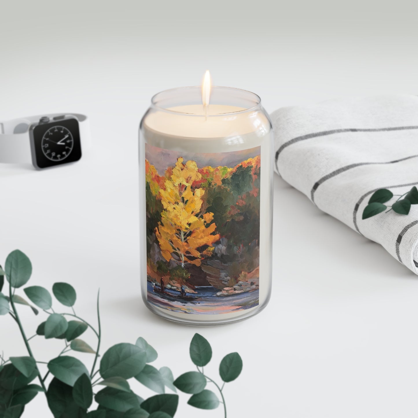 13.75oz Eco-Friendly Scented or Unscented Soy Wax Candle Jar with 'Pine Cove' Artwork by American Artist Barbara Cleary (Fall Collection)