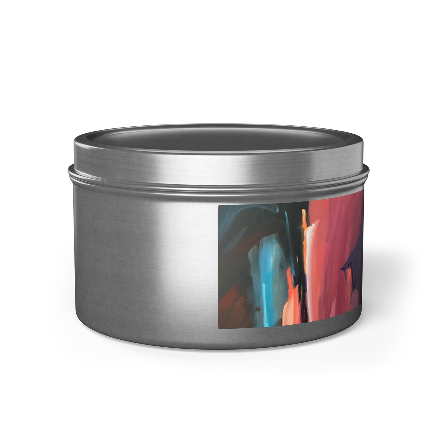 8oz Eco-Friendly Scented or Unscented Soy Wax Tin Candle with 'Colorscape' Abstract Artwork by American Artist Barbara Cleary