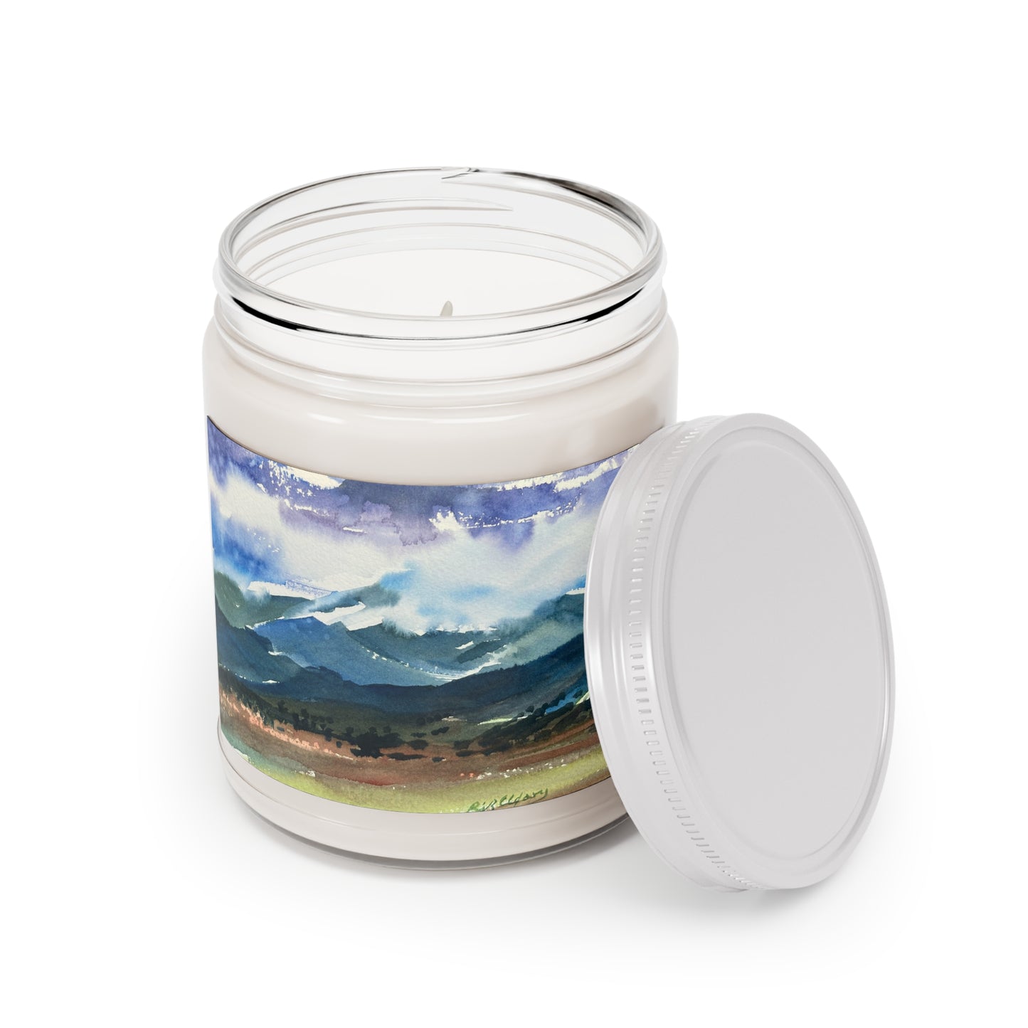 9oz Eco-Friendly Scented or Unscented Soy Wax Candle Jar with 'Tranquil Mountain View 3' Artwork by American Artist Barbara Cleary