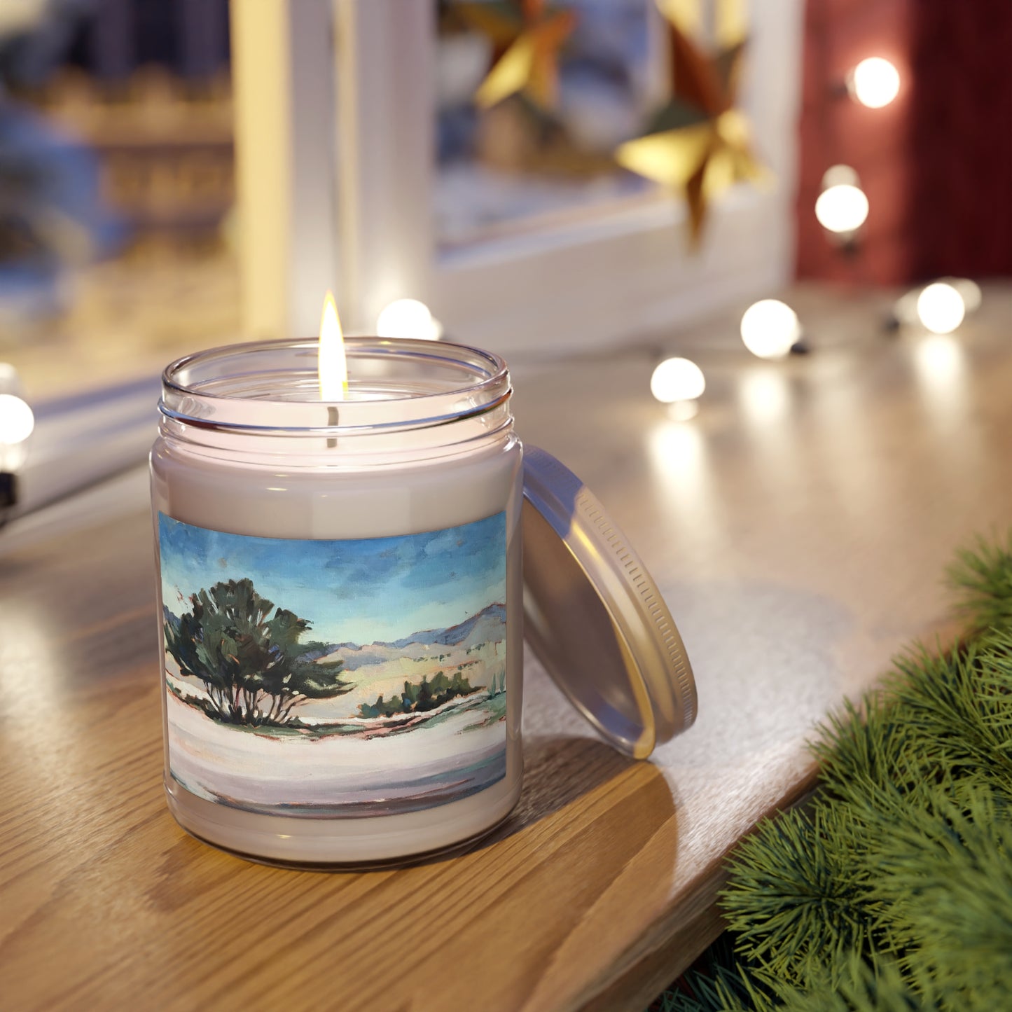 9oz Eco-Friendly Scented or Unscented Soy Wax Candle Jar with 'Georgia's View' Southwestern Artwork by American Artist Barbara Cleary