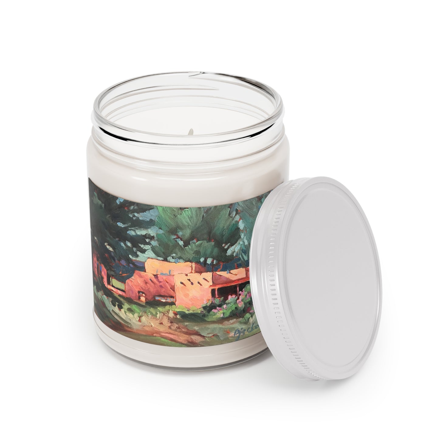 9oz Eco-Friendly Scented or Unscented Soy Wax Candle Jar with 'Spring in Taos' Southwestern Artwork by American Artist Barbara Cleary