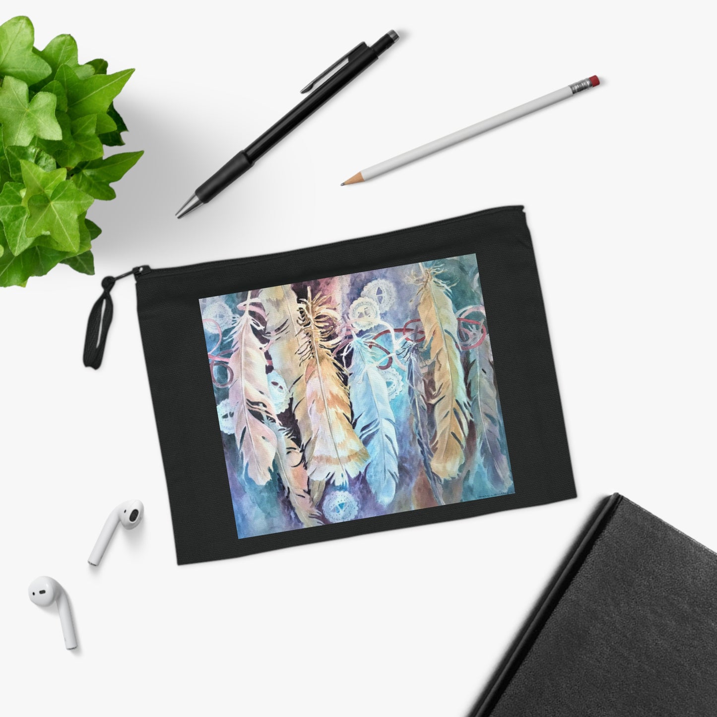 Eco-Friendly Pouch with 'Conchos Feathers' I Original Artwork by American Artist Barbara Cleary
