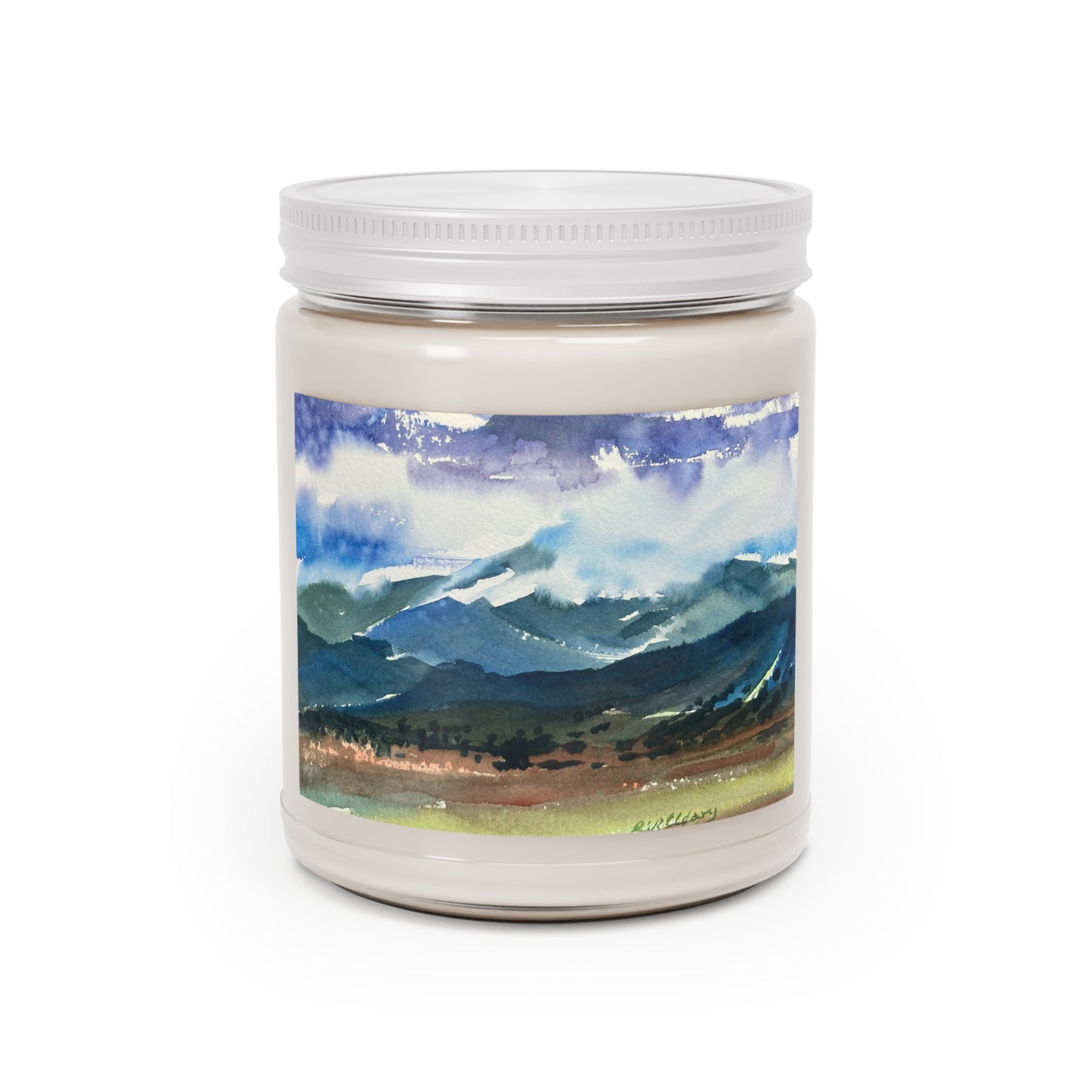 9oz Eco-Friendly Scented or Unscented Soy Wax Candle Jar with 'Tranquil Mountain View 3' Artwork by American Artist Barbara Cleary