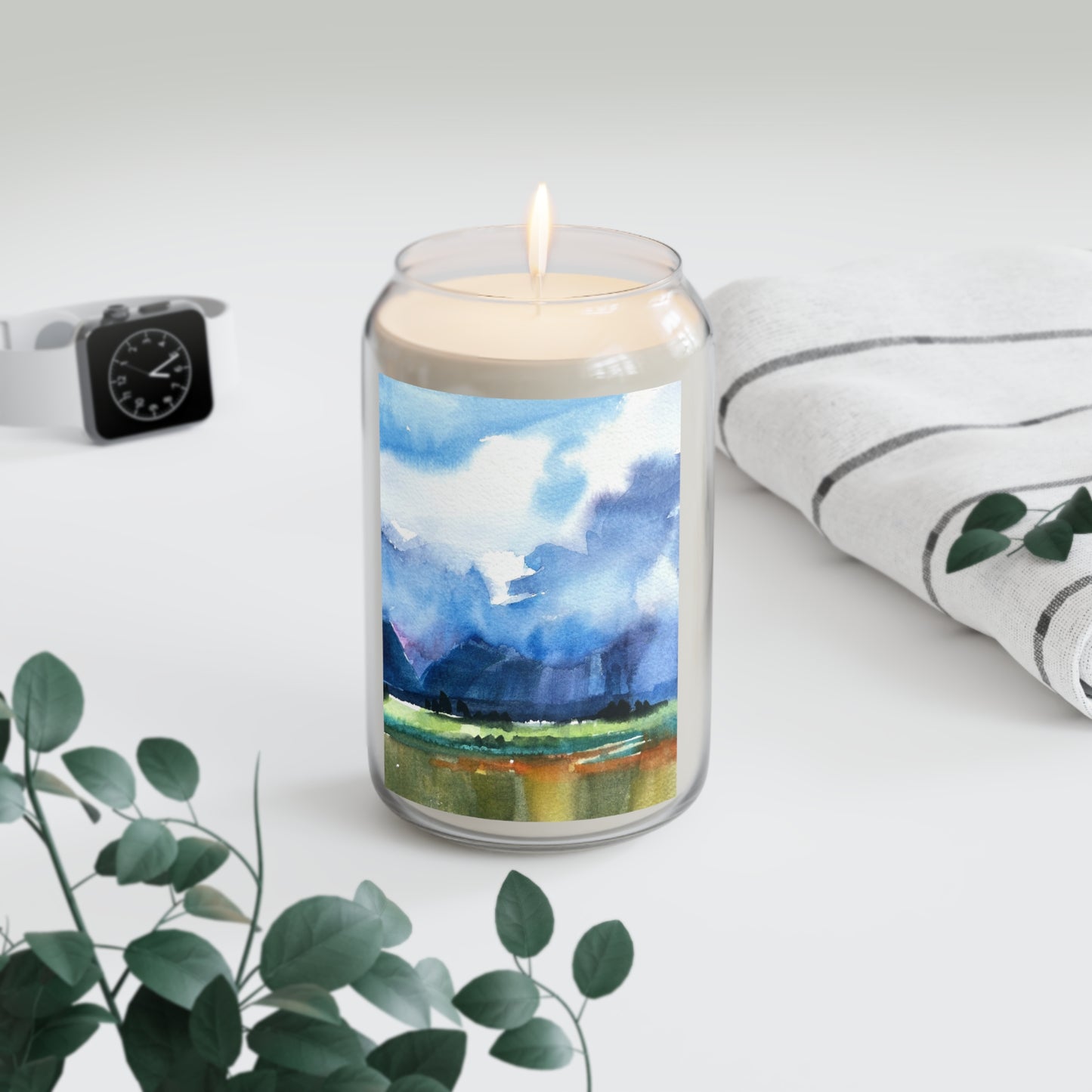 13.75oz Eco-Friendly Scented or Unscented Soy Wax Candle Jar with 'Tranquil Mountain View 4' Landscape Watercolor Artwork by American Artist Barbara Cleary