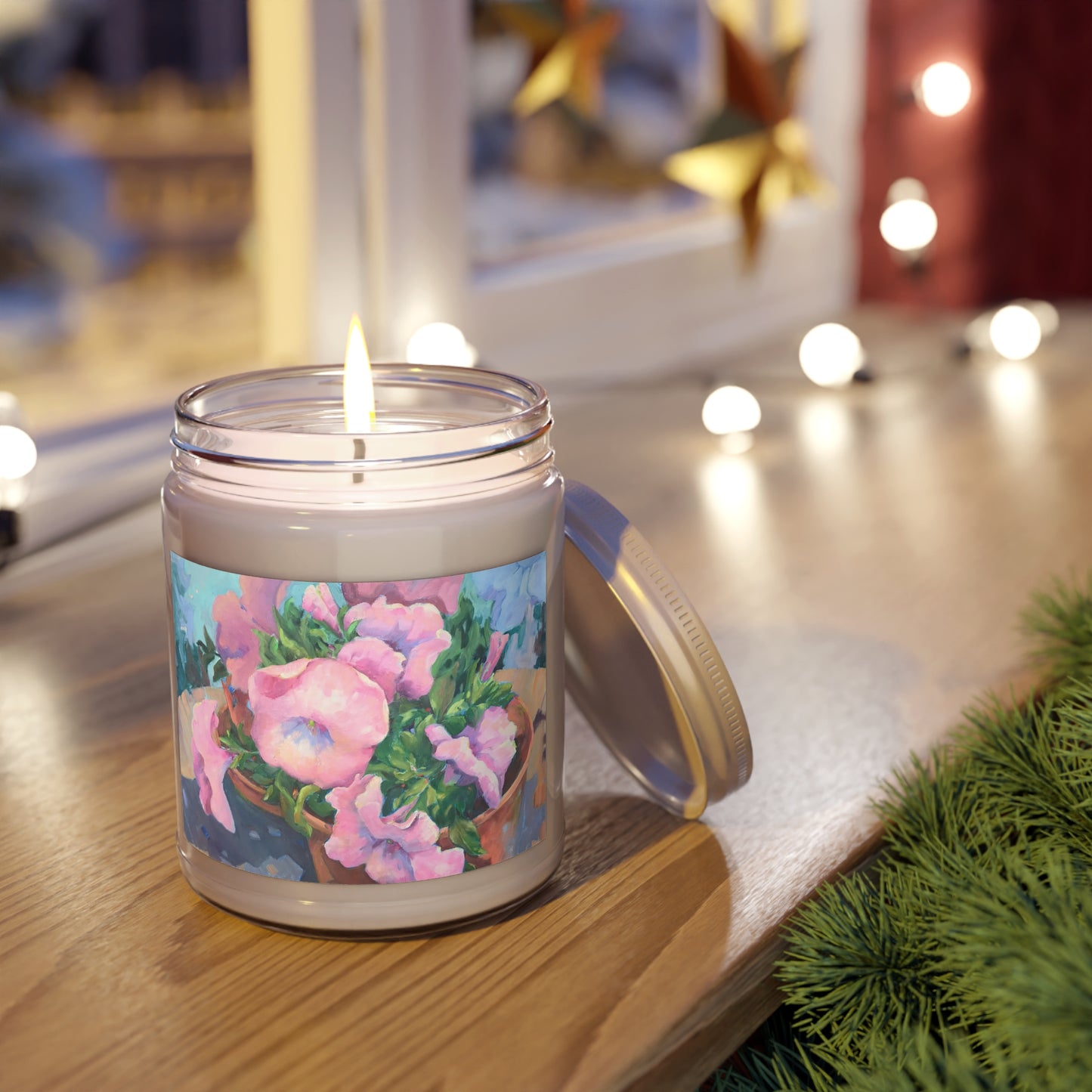 9oz Eco-Friendly Scented or Unscented Soy Wax Candle Jar with 'Pink Petals in Bloom' Artwork by American Artist Barbara Cleary