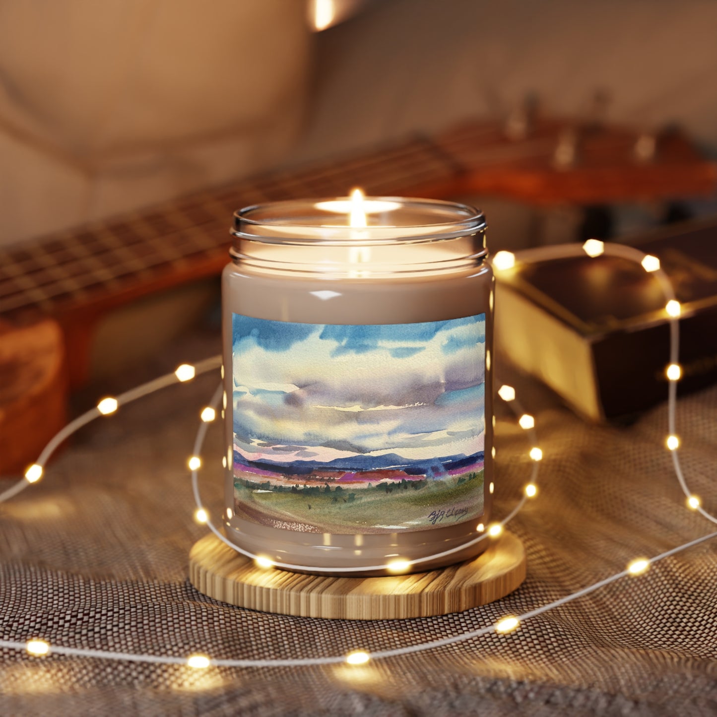 9oz Eco-Friendly Scented or Unscented Soy Wax Candle Jar with 'Tranquil Mountain View 1' Artwork by American Artist Barbara Cleary