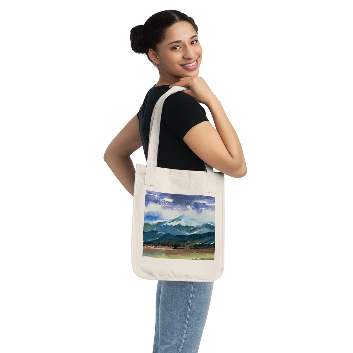 Organic Tote Bag with 'Tranquil Mountain View 3' Original Fine Art by American Artist Barbara Cleary