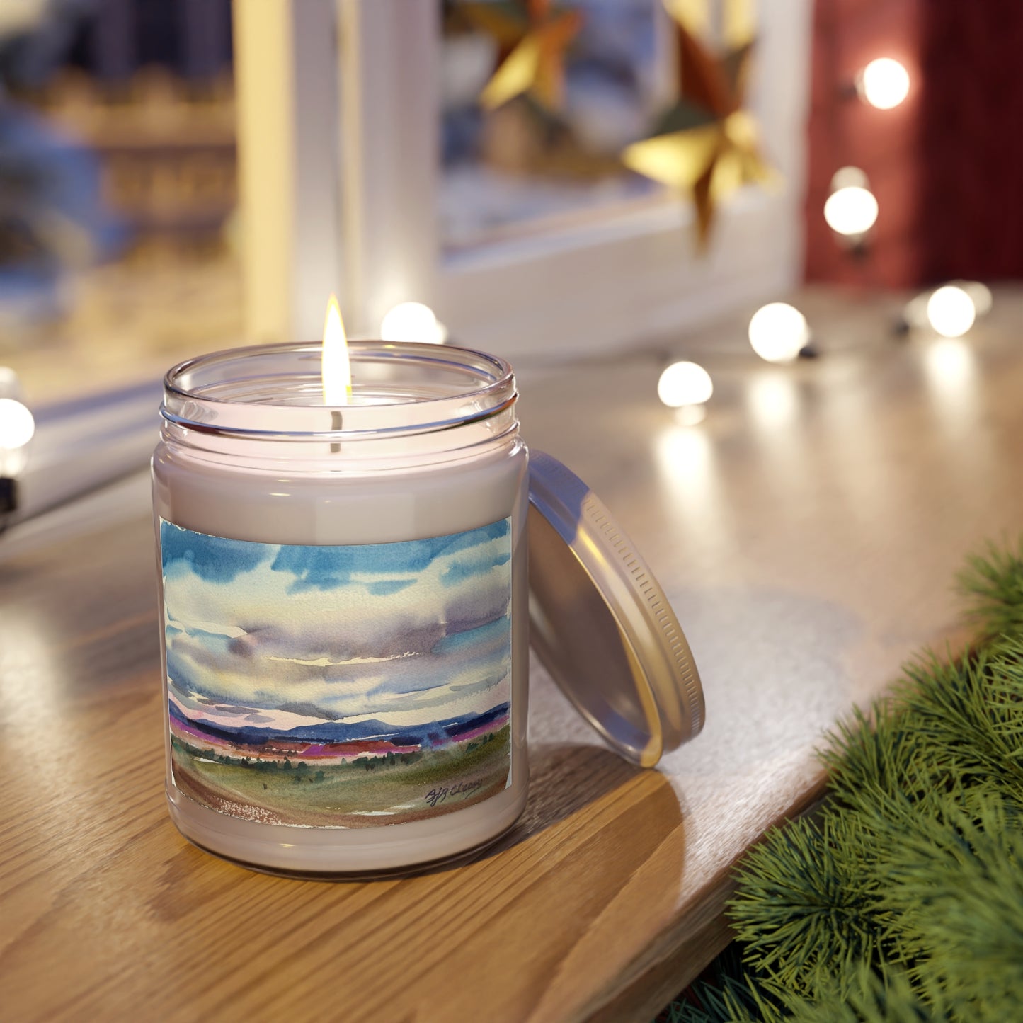 9oz Eco-Friendly Scented or Unscented Soy Wax Candle Jar with 'Tranquil Mountain View 1' Artwork by American Artist Barbara Cleary