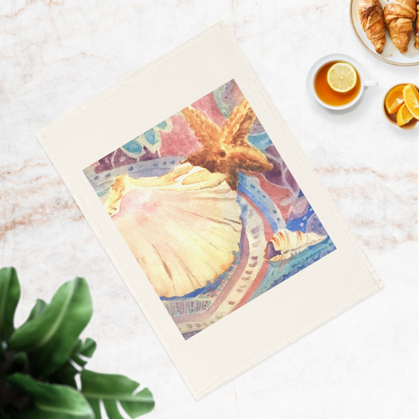 Organic Cotton Tea Towel Featuring 'Treasures of the Tide' Coastal Watercolor Painting by Barbara Cleary