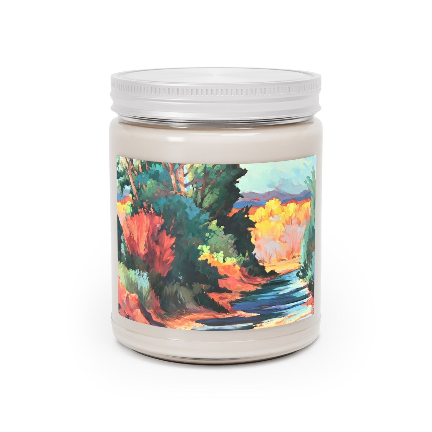 9oz Eco-Friendly Scented or Unscented Soy Wax Candle Jar with 'Rio Pueblo' Artwork by American Artist Barbara Cleary (Fall Collection)